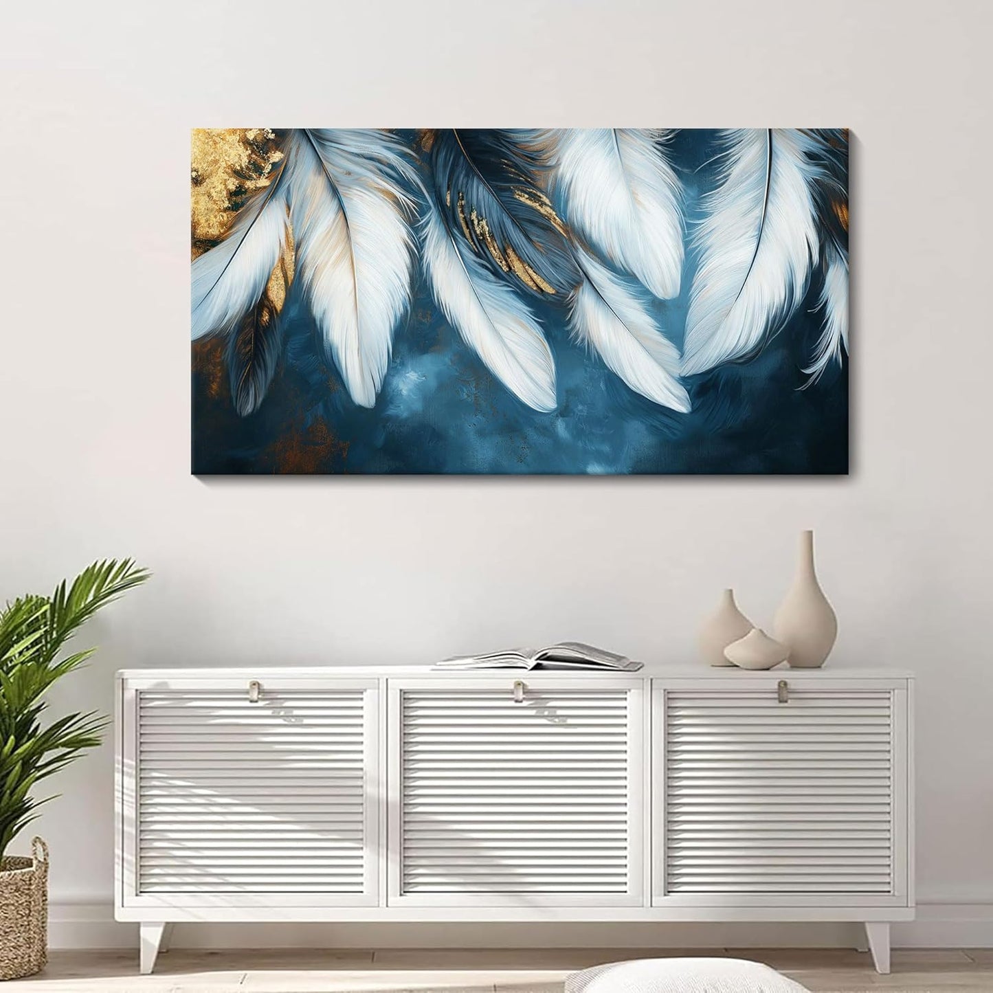 Mofutinpo Blue and Gold Wall Art Navy Blue Pictures for Living Room Feather Canvas Wall Art Blue Bedroom Wall Decor Above Bed Pictures Wall Decor, Painting - Artwork for Walls 20×40IN