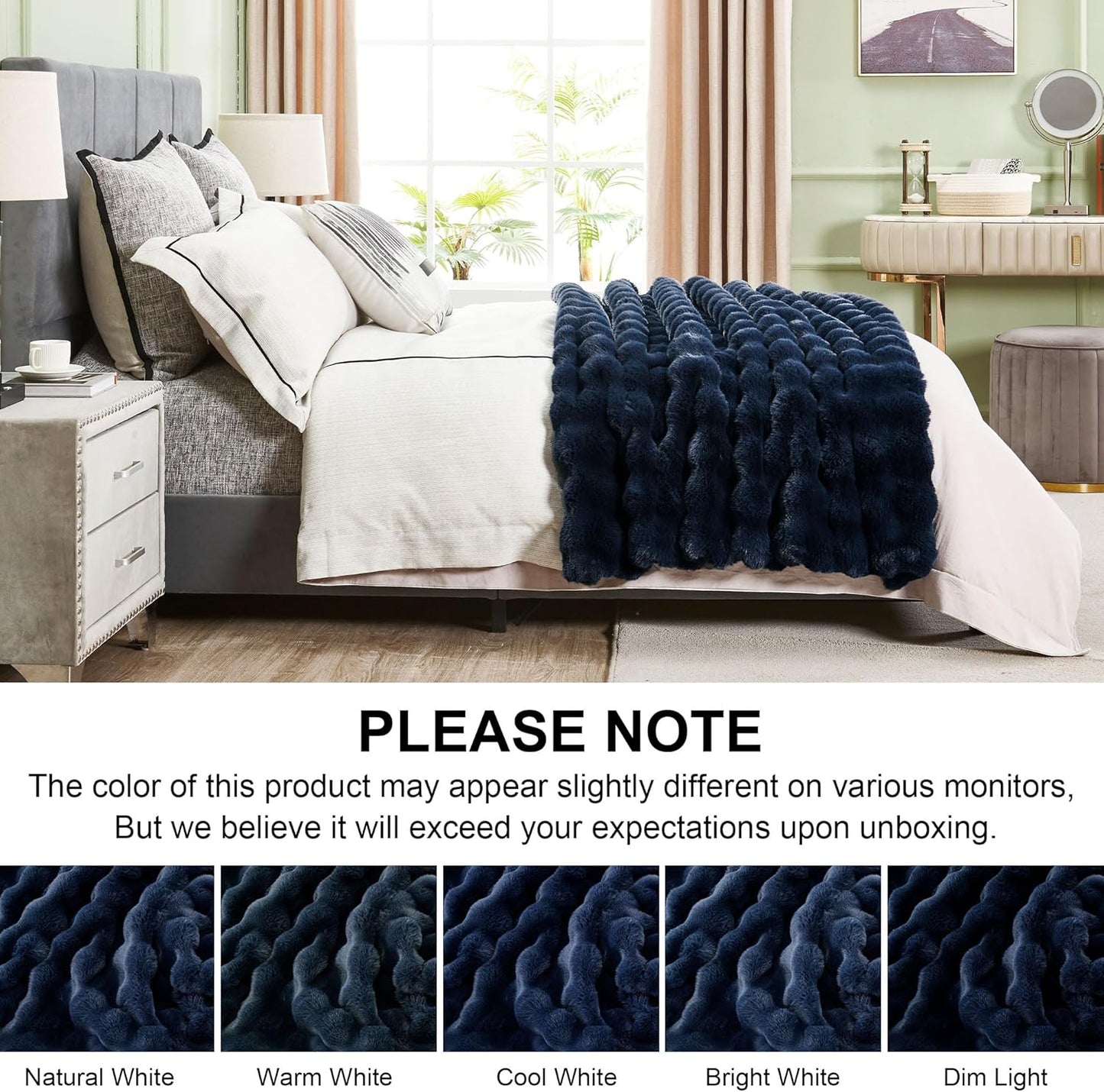 DREAMNINE Oversized Soft Thick Fuzzy Bubble Faux Rabbit Fur Throw Blanket Twin Size 60" x 71", Double Sided Comfy Plush Warm Shaggy Fluffy Blankets, Luxury Cozy Cute Furry Blanket for Bed, Navy Blue
