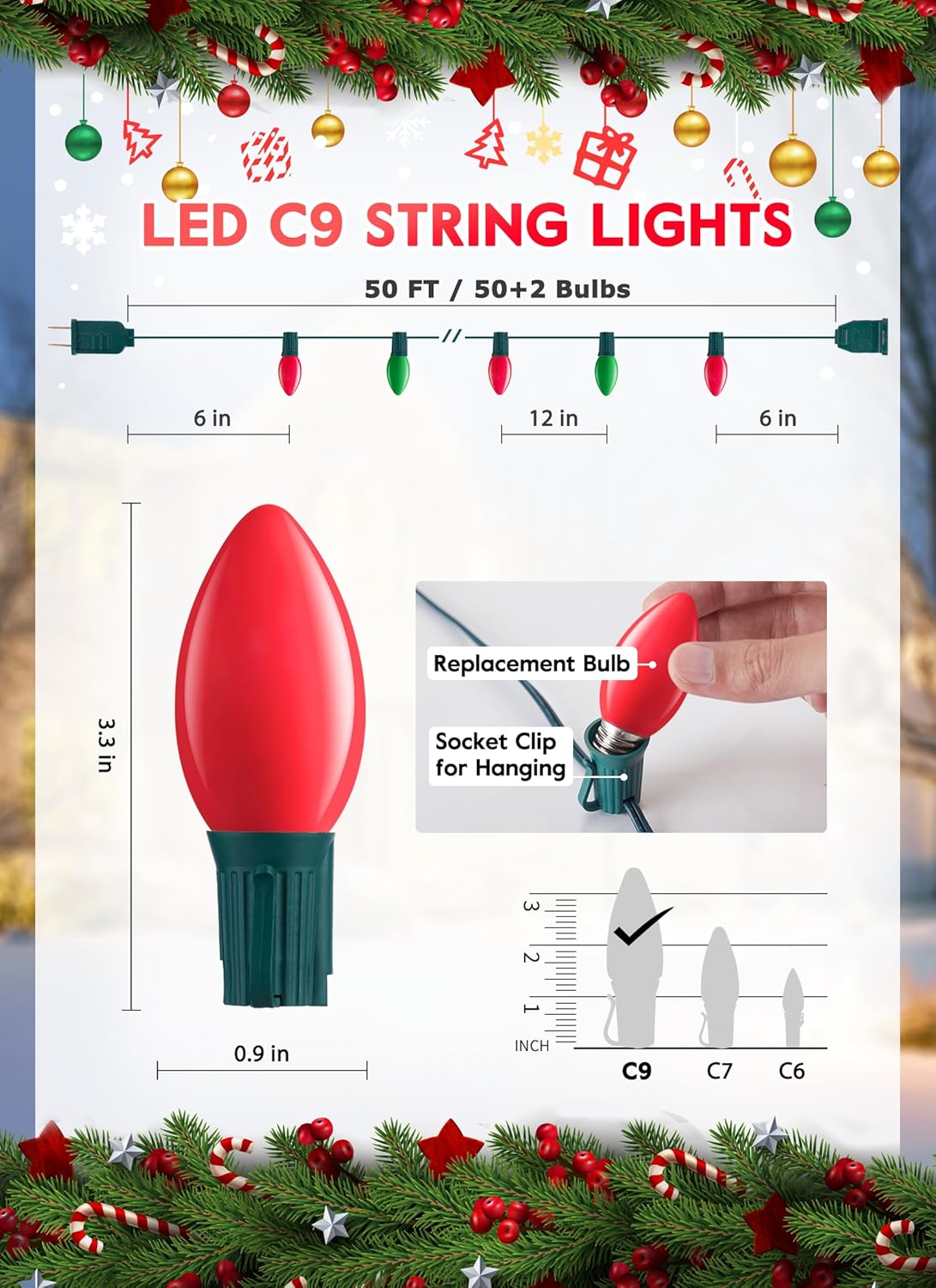 Vintage C9 LED Christmas Lights Outdoor, 50 Feet C9 String Lights with 50 Shatterproof Matte Bulbs, Connectable Waterproof Lights for Holiday Party Roofline Backyard Garden Patio, Red & Green