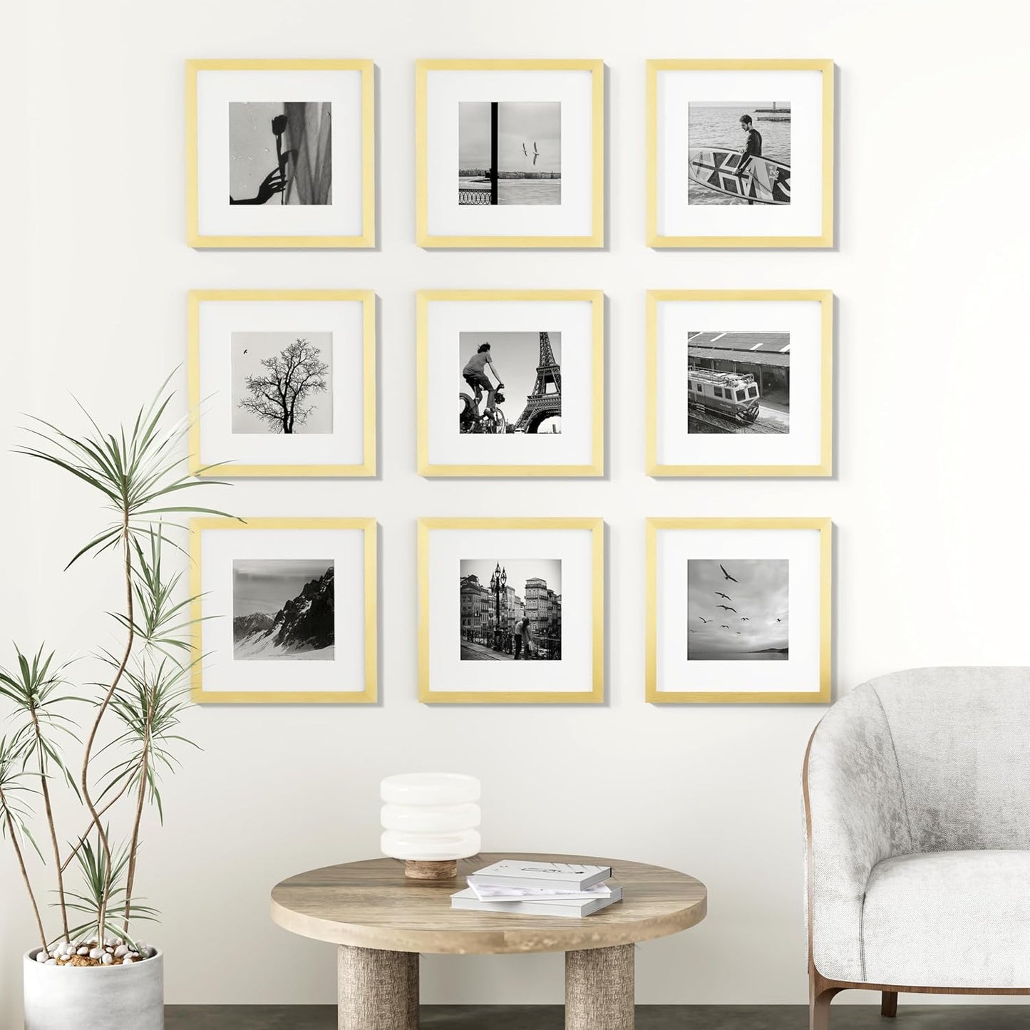 Vittanly 12x12 Picture Frames Set of 9, Shatter Resistant Plexiglass, Display 8x8 Pictures with Mat or 12x12 without Mat, Photo Frames for Wall Mount, Engineered Wood, Gold