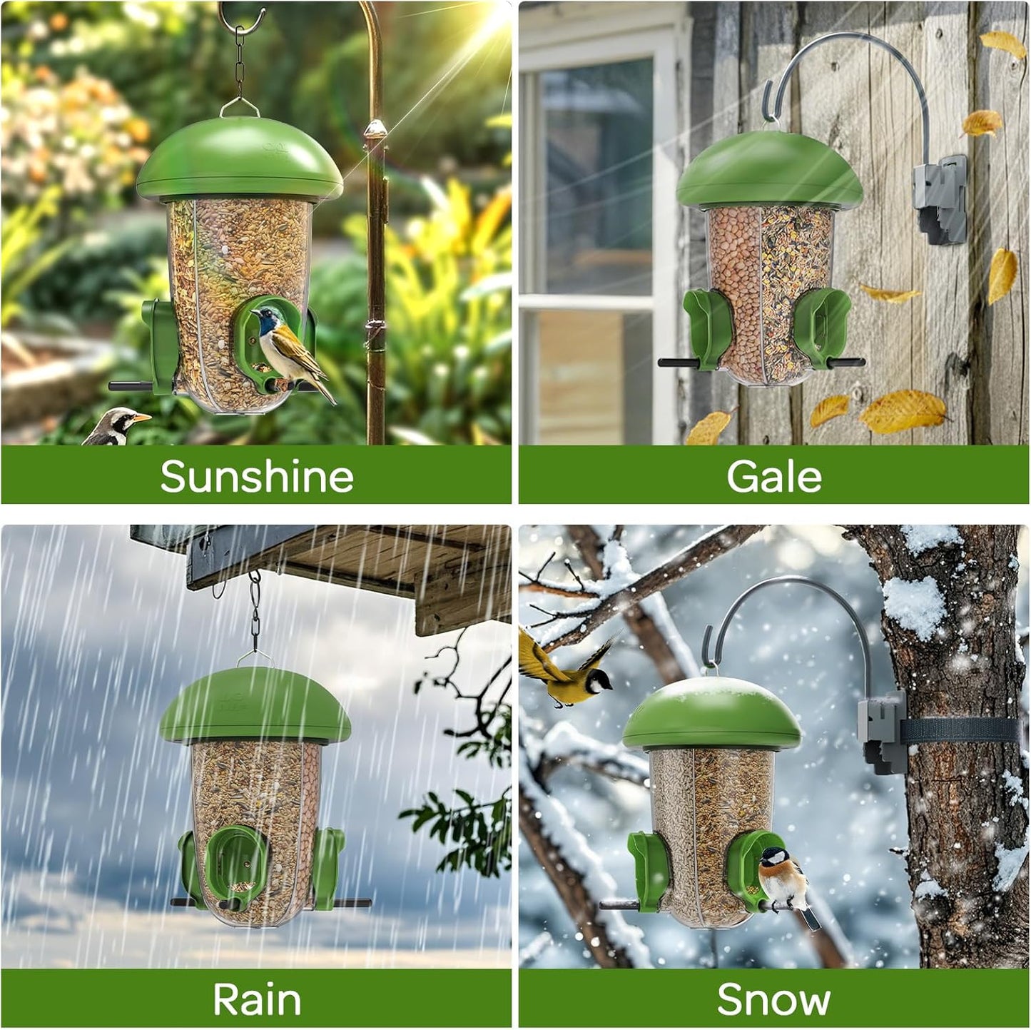 LONA Bird Feeders for Outdoors Hanging โ 3 Separate Compartments, 3 Feeding Ports, Weatherproof Dome & 3 Ways to Hang, Large Capacity for Cardinals/Finches (Green๏ผPlus