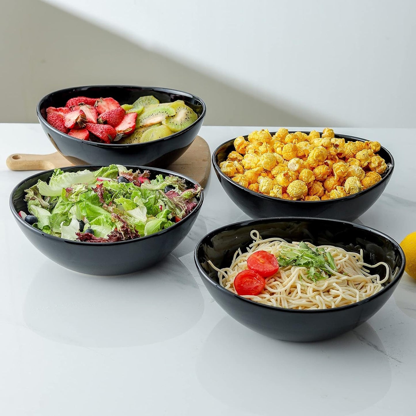 Hasense Serving Bowls, Porcelain Soup Bowls Set of 4, 36 OZ Black Serving Dishes for Entertaining, Perfect for Salad Side Dishes Pasta Popcorn, Dishwasher Microwave Safe