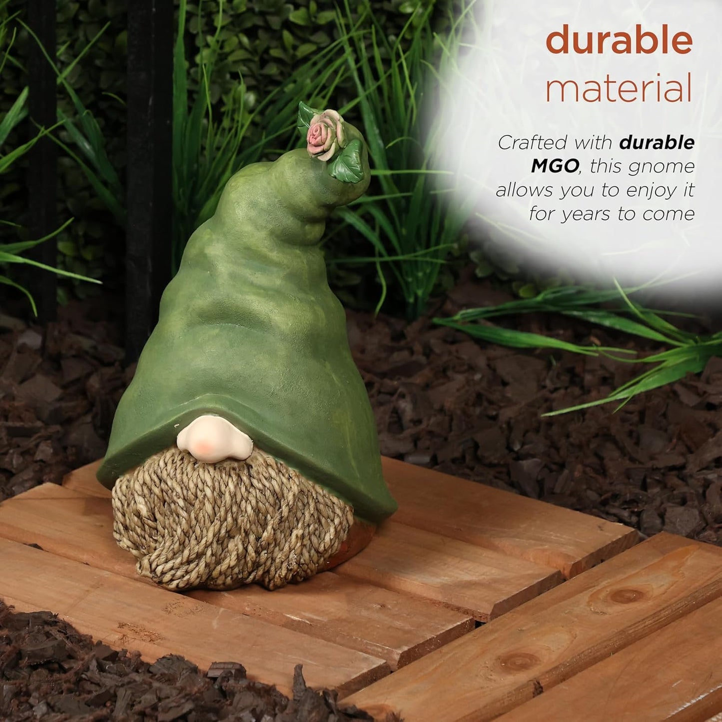 Alpine Corporation - 10" Tall Outdoor Garden Gnome Decor - Gnome Head with Rope Beard and Flower on Green Hat – Durable Lawn Scupture, Ideal for Patio, Deck, & Yard