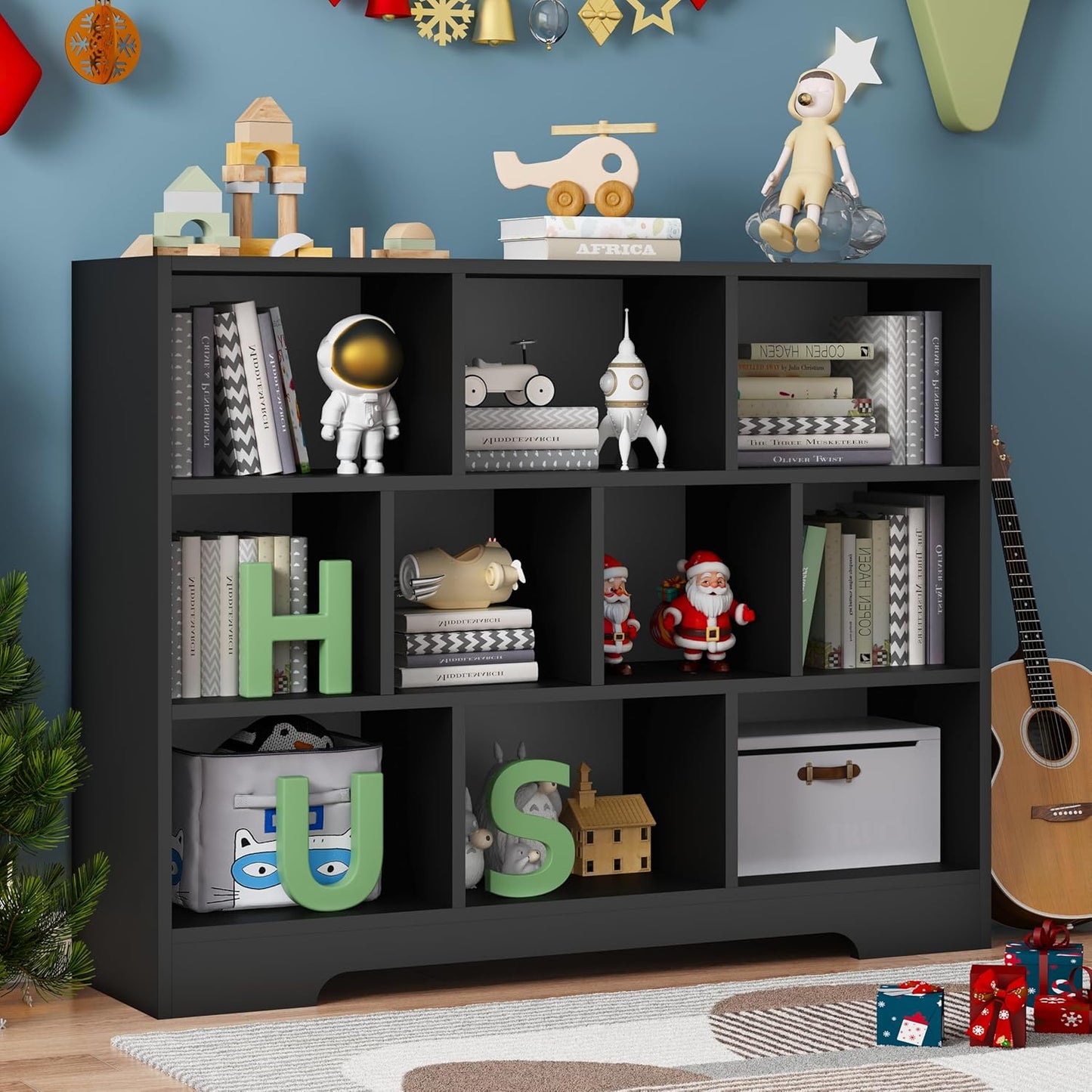 Book Shelf, 10 Cubes Storage Organizer, 3-Tier Open Shelf Wooden Bookcase, Freestanding Balck Bookshelf Cube Shelf for Bedroom, Living Room, Home Office