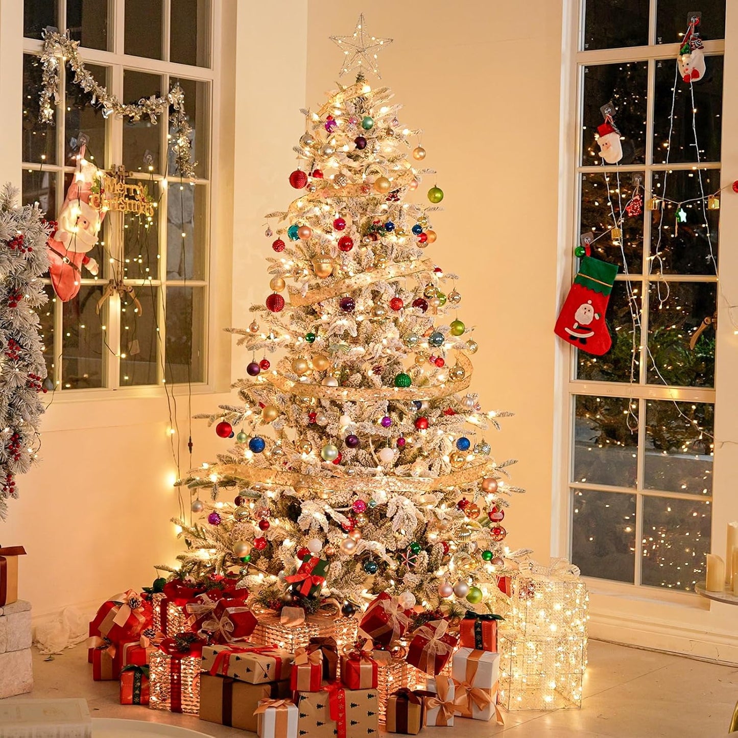 Hykolity 7.5 ft Snow Flocked Christmas Tree, Prelit Artificial Christmas Tree with 450 Warm White Lights, 1173 PE & PVC Branch Tips, Metal Stand and Hinged Branches