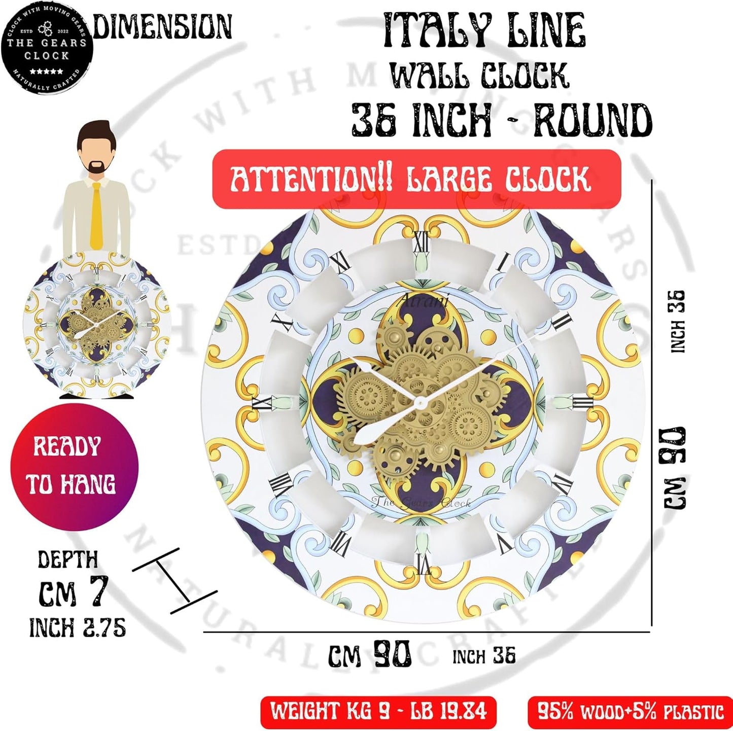 The Gears Clock Wall Clock Italy Collection with Moving Gears (Sorrento, 36 inch Round)