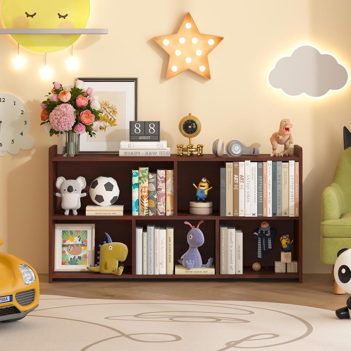 Book Shelf Set of 2, 5 Cubes Storage Organizer, Open Shelf Wooden Bookcase, Freestanding Cherry Bookshelf Cube Shelf for Bedroom, Living Room, Home Office