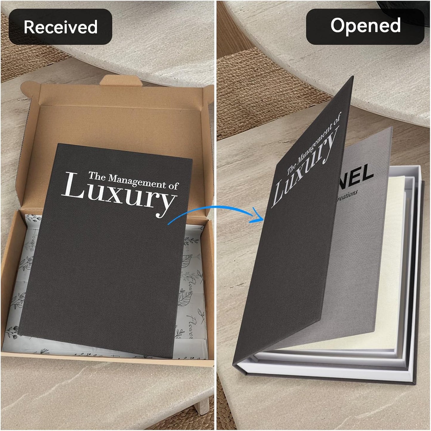 Aesthetic Decorative Books -Set of 3 Minimalist Linen Hardcover Faux/Fake Books for Coffee Table Home Decor Living Room Decoration, Photo Storage or as a Keepsake Box(Black-gray-beige-luxury)