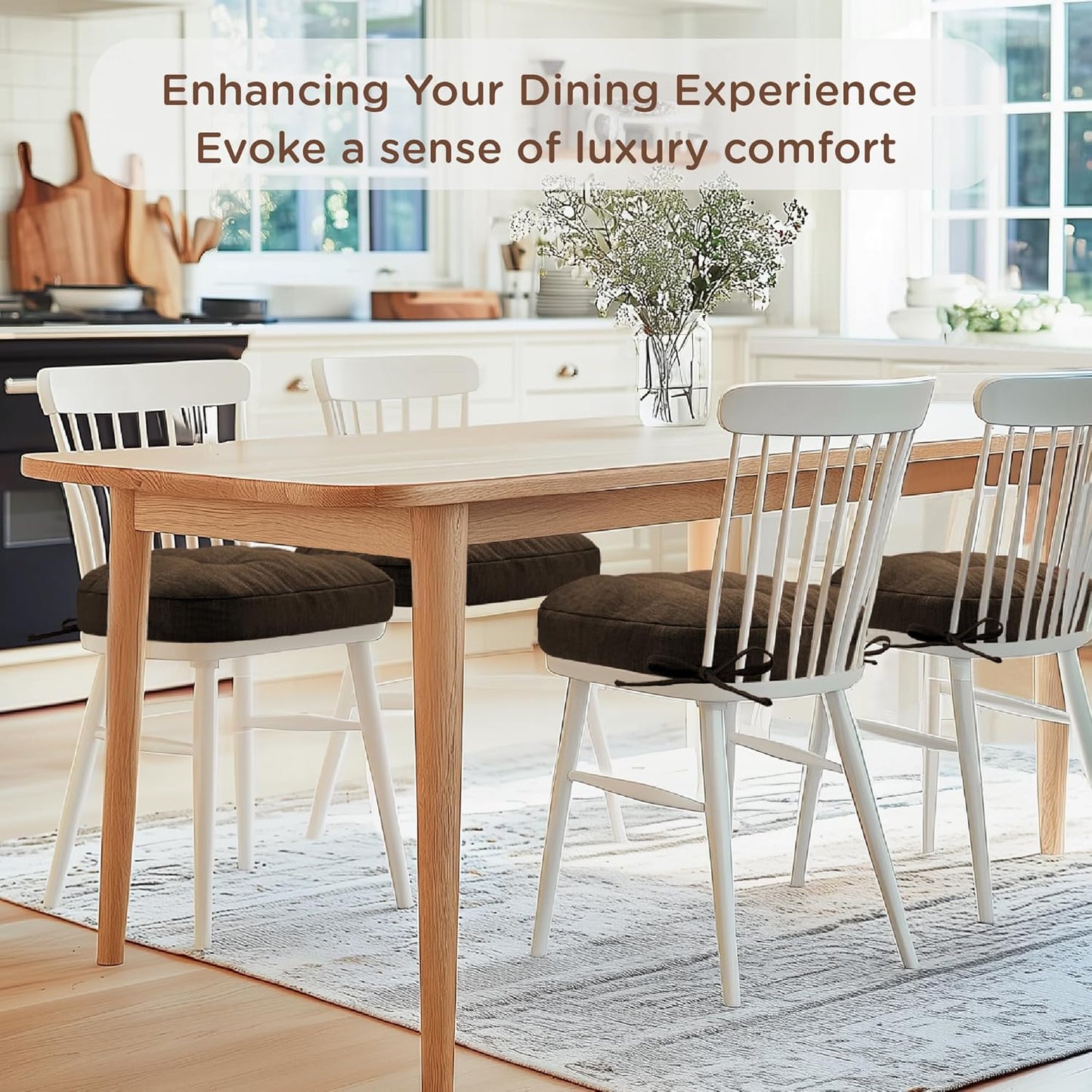 Codi Dining Chair Cushions 2 Pack, Thick Chairs Pads for Indoor Kitchen Room - Washable, Non-Slip Memory Foam Seat Cushion with Ties, 16.5"x16.5"x 3.5", Set of 2, Brown