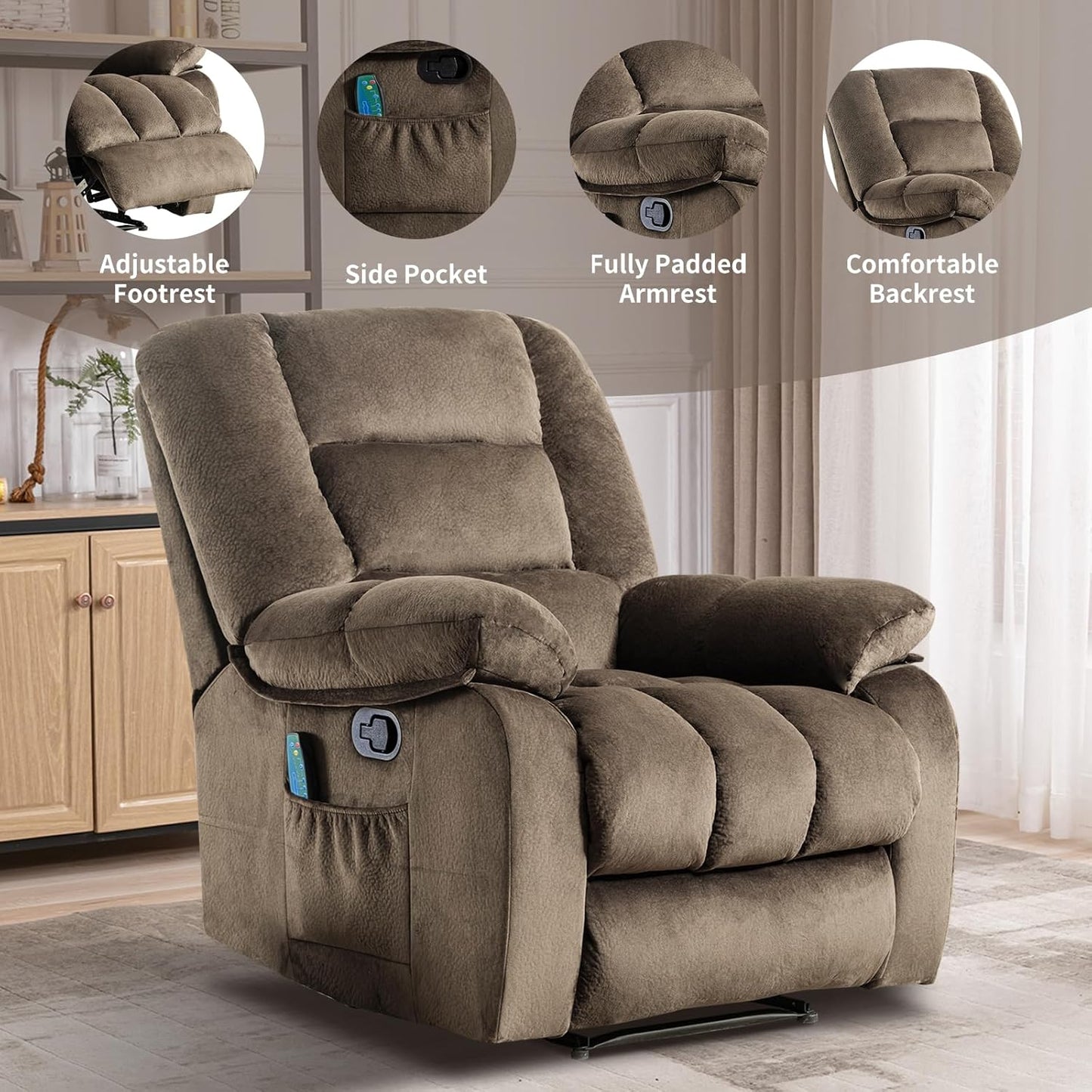 Massage Recliner Chair with Heat and Massage, Soft Fabric Ergonomic Manual Reclining Chairs, Heavy Duty Reclining Sofa Chair with Side Pockets for Living Room (Taupe)