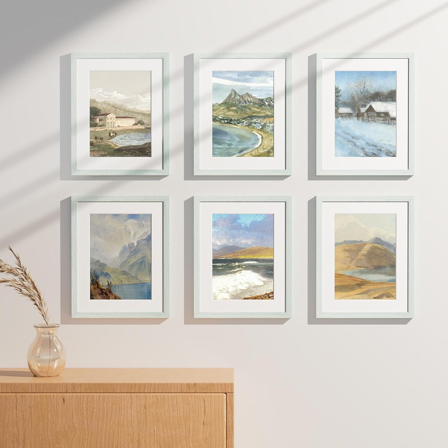 Vittanly 11x14 Picture Frames Set of 9, Shatter Resistant Plexiglass, Display 8x10 Pictures with Mat or 11x14 without Mat, Photo Frames for Wall or Tabletop, Engineered Wood, Vintage Green