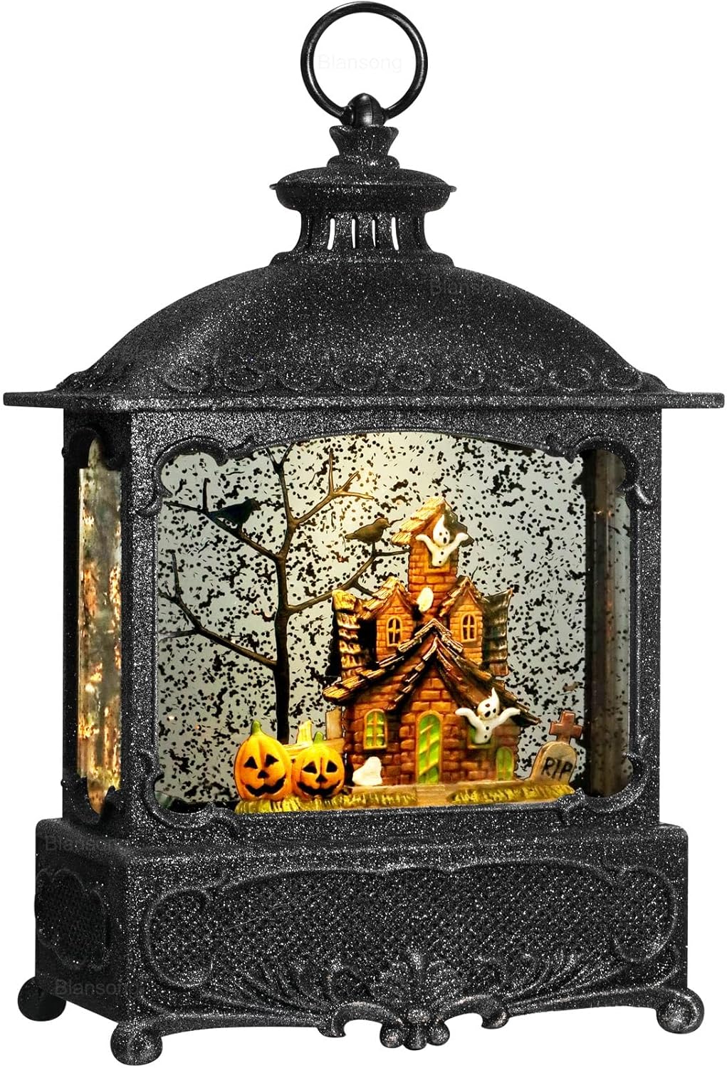Halloween Snow Globe Lantern Ghost Snow Globe Halloween Decorations for Home Haunted House Pumpkin Ghost Tree Crow Rip Dancing Bats with Timer, USB and Battery Powered 12 inch