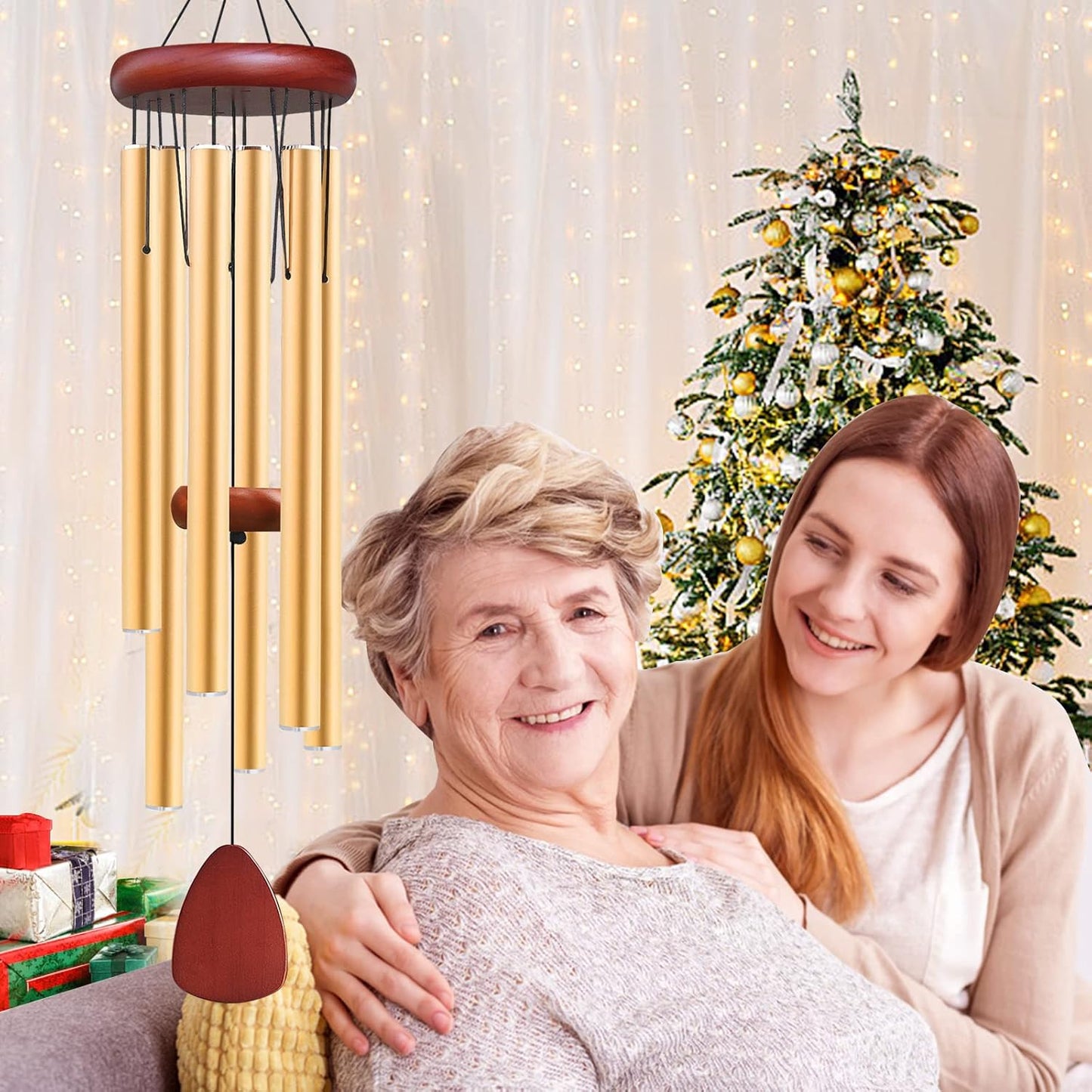 Large Aluminium Wind Chimes Outside, Soothing Melodic Memorial Sympathy Wind Chime, Suitable Outdoor Garden Decor, Gift for Mom Women Neighbors (Gold Wind Chimes-36)