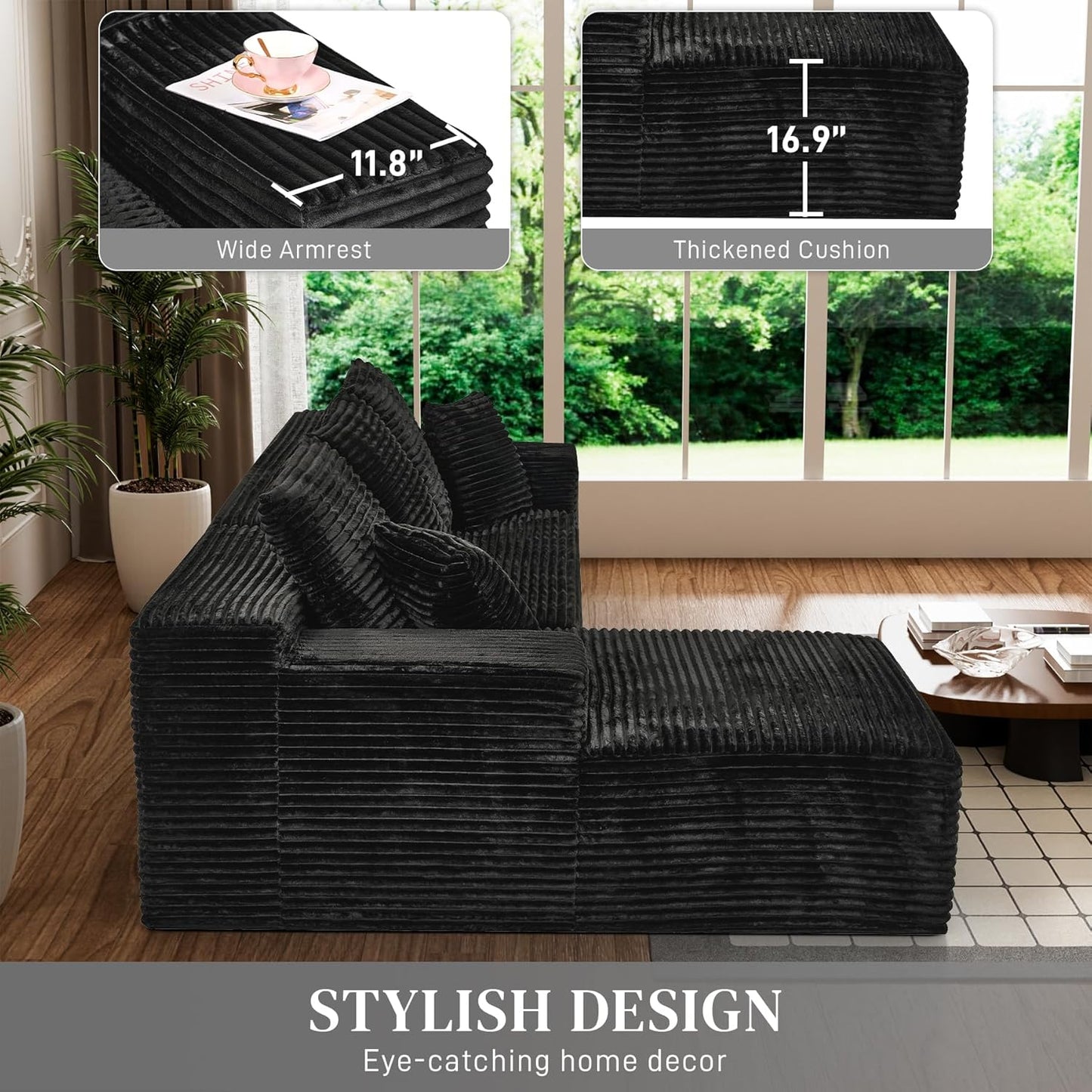 Modular Sectional Sofa Cloud Sectional Couch, 107" Comfy Fluffy L Shaped Black Couches for Living Room, Deep Seat Memory Foam Plush Corduroy Boneless Couch Sectionals with Left Facing Chaise Sofa