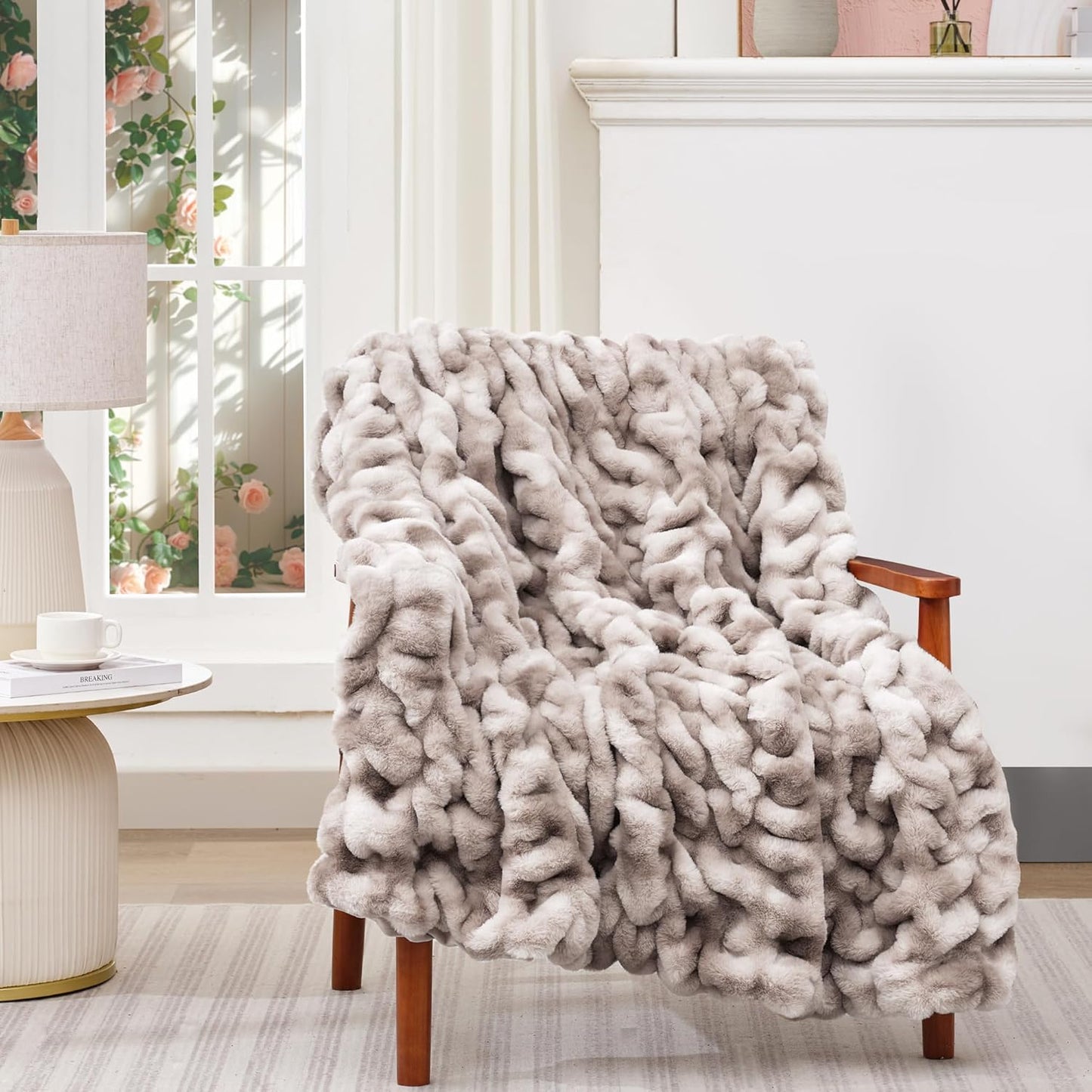 Touchat Ruched Faux Rabbit Fur Throw Blanket, 700 GSM Luxury Dual-Sided Soft Cozy Blanket, Fuzzy Fluffy Plush Blanket for Bed, Couch and Sofa - 50"x60", Tie-dye Coffee