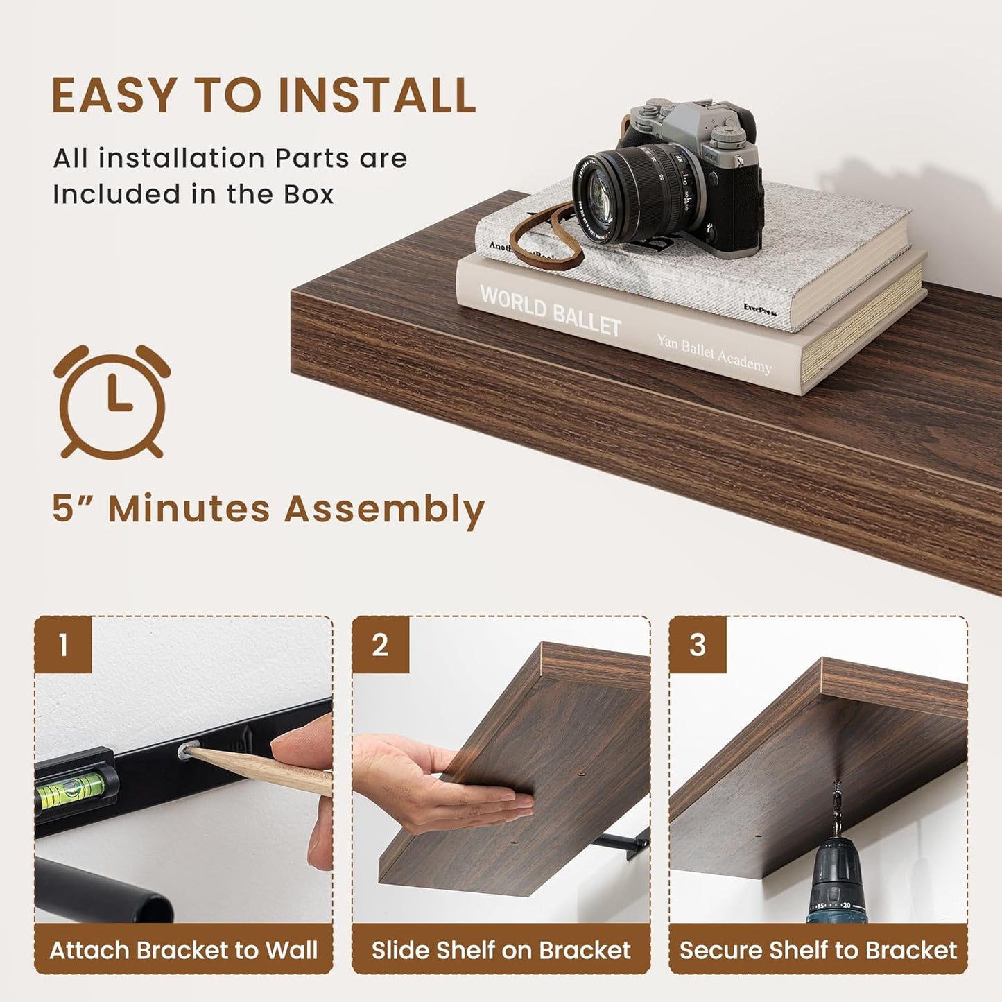 fuqing Floating Shelves for Wall, Bathroom Shelf Wall Mounted for Storage, Shelves with Invisible Bracket for Bedroom, Kitchen, Living Room, Farmhouse Small Book Shelf, 48 Inch Set of 2, Walnut