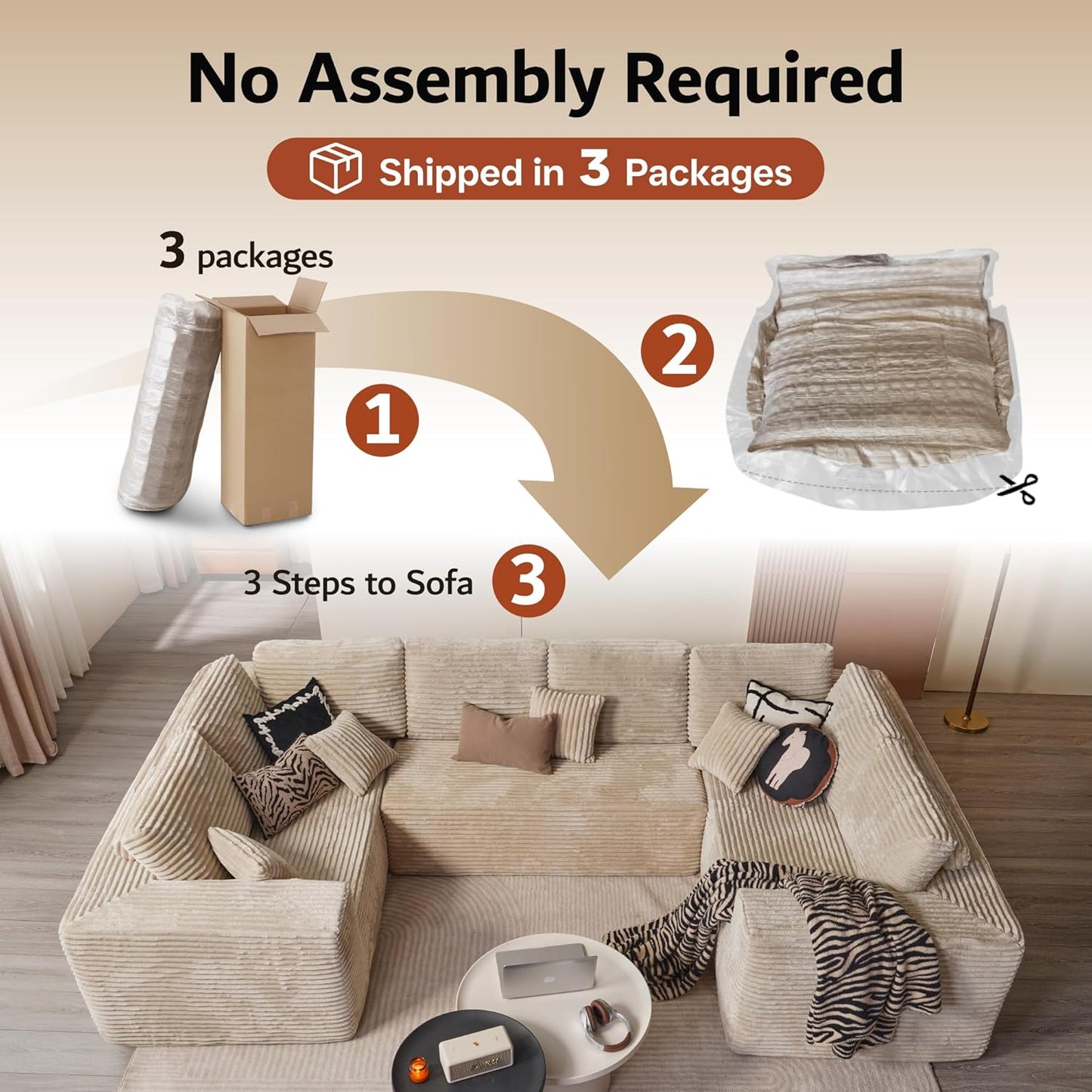 ovios Sectional Cloud Couch for Living Room, Modular Floor Sofa with Plush Corduroy, No Assembly Required, Big Comfy Couches Set with Fluffy Memory Foam, Stupendous U Shaped Sofas with Chaise, Grey