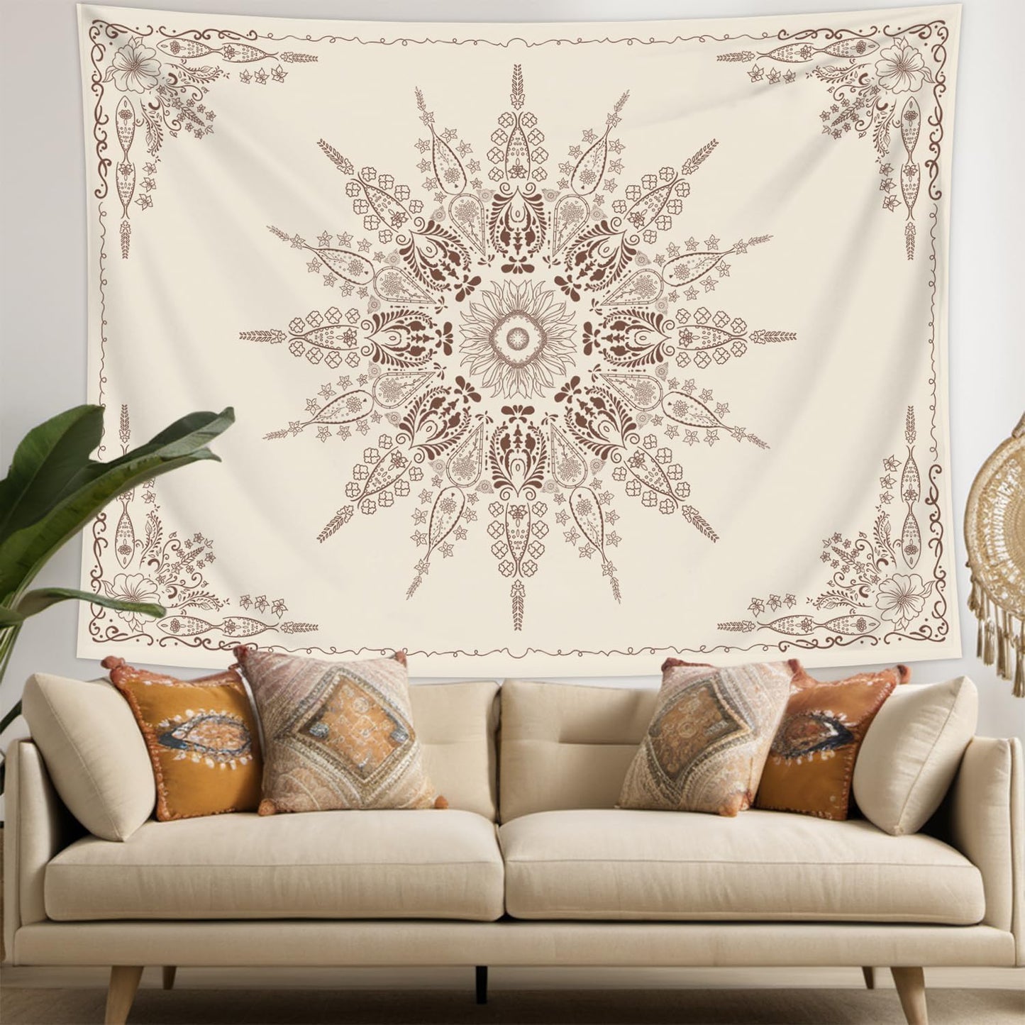 FORATER Floral Bohemian Tapestry, Flower Aesthetic Indian Wall Hanging Boho Tapestries Mandala Room Decor Tapestry for Bedroom Living Room Dorm (Flaxen, 82L x 61W)