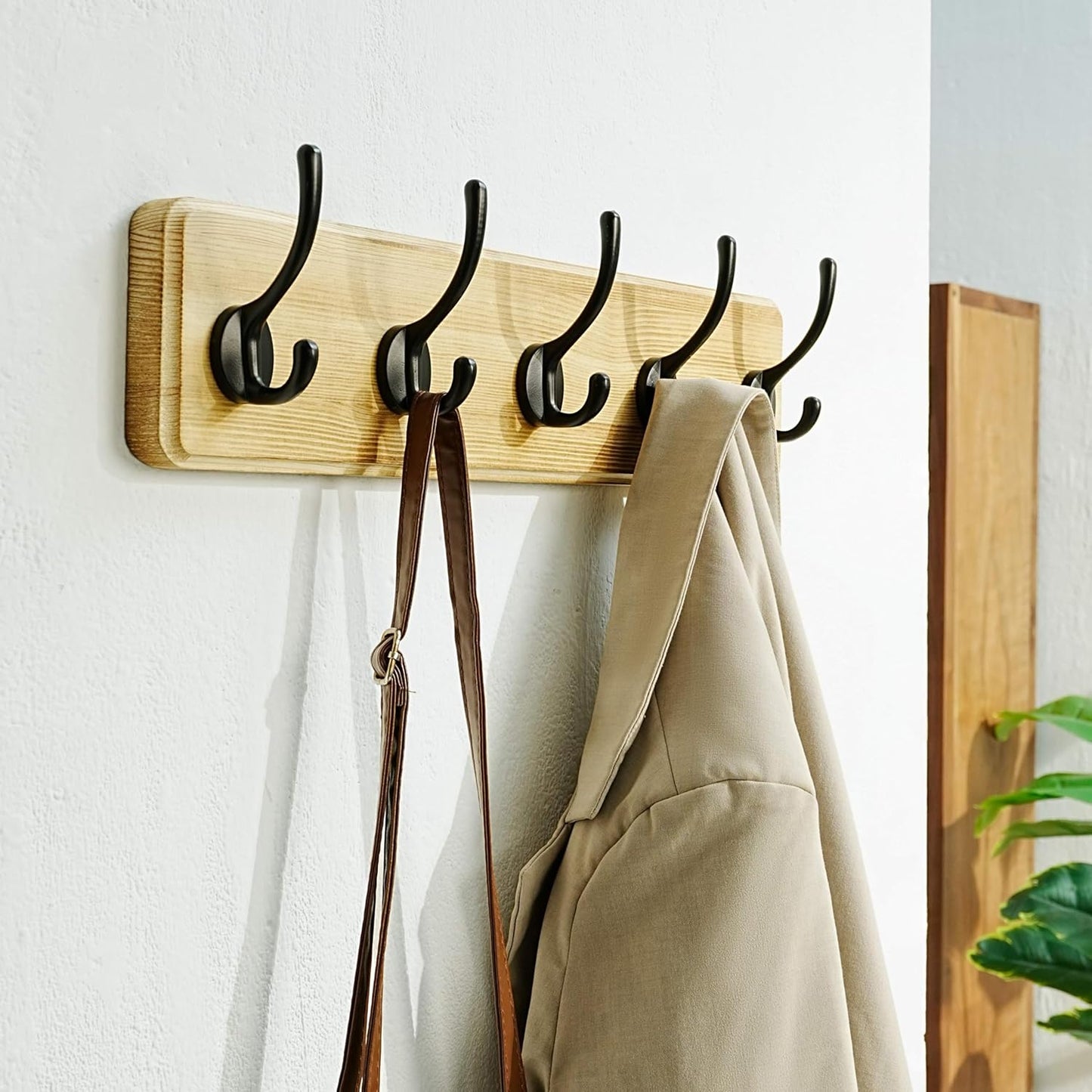 Dseap Coat Rack Wall: Patented, Heavy-Duty, 5-Double-Hooks Wooden Wall Mounted Coat Rack Coat Hanger Hook Rail for Winter Coats Hat Jacket Clothing, Light Brown