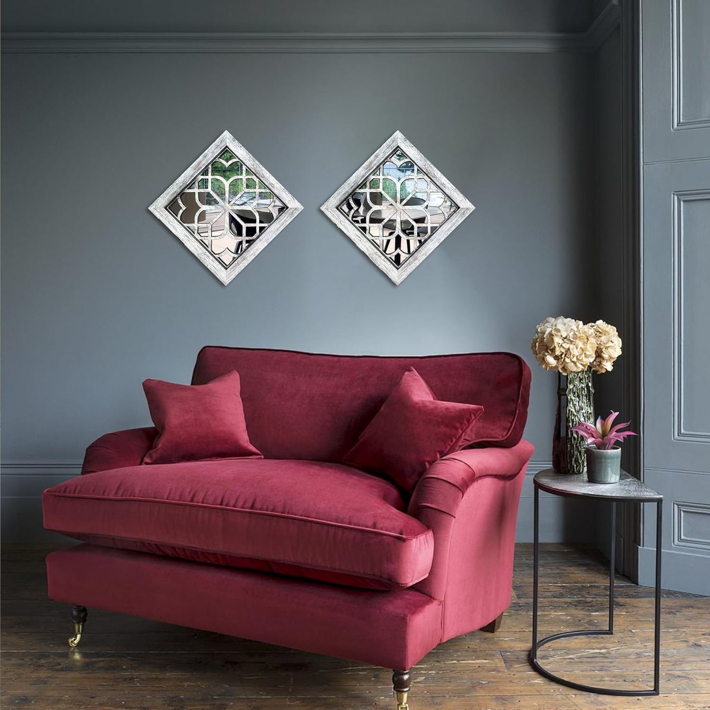 Boho Square Wall Mirrors Set of 2-12" x12'Decorative Mirrors for Wall Decor, BrownHandcrafted Mirror Panels Perfect for LivingRoom Bedroom Entryway Hallway (Grey)