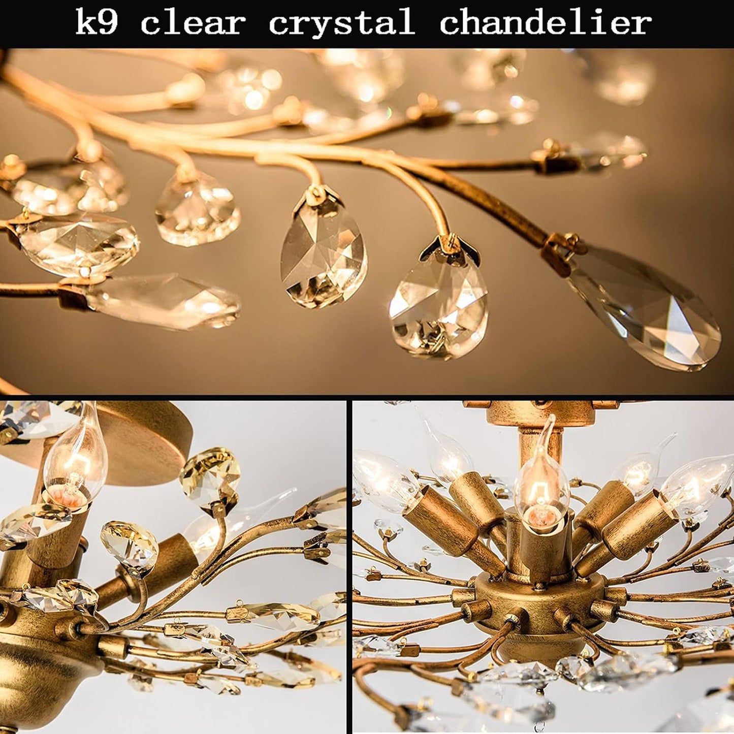 Ganeed Crystal Chandeliers,Vintage K9 Clear LED Ceiling Lighting,Edison Pendant Light Flush Mounted Fixture with 5 Light for Living Room Dinning Room Restaurant Porch Hallway (Gold)