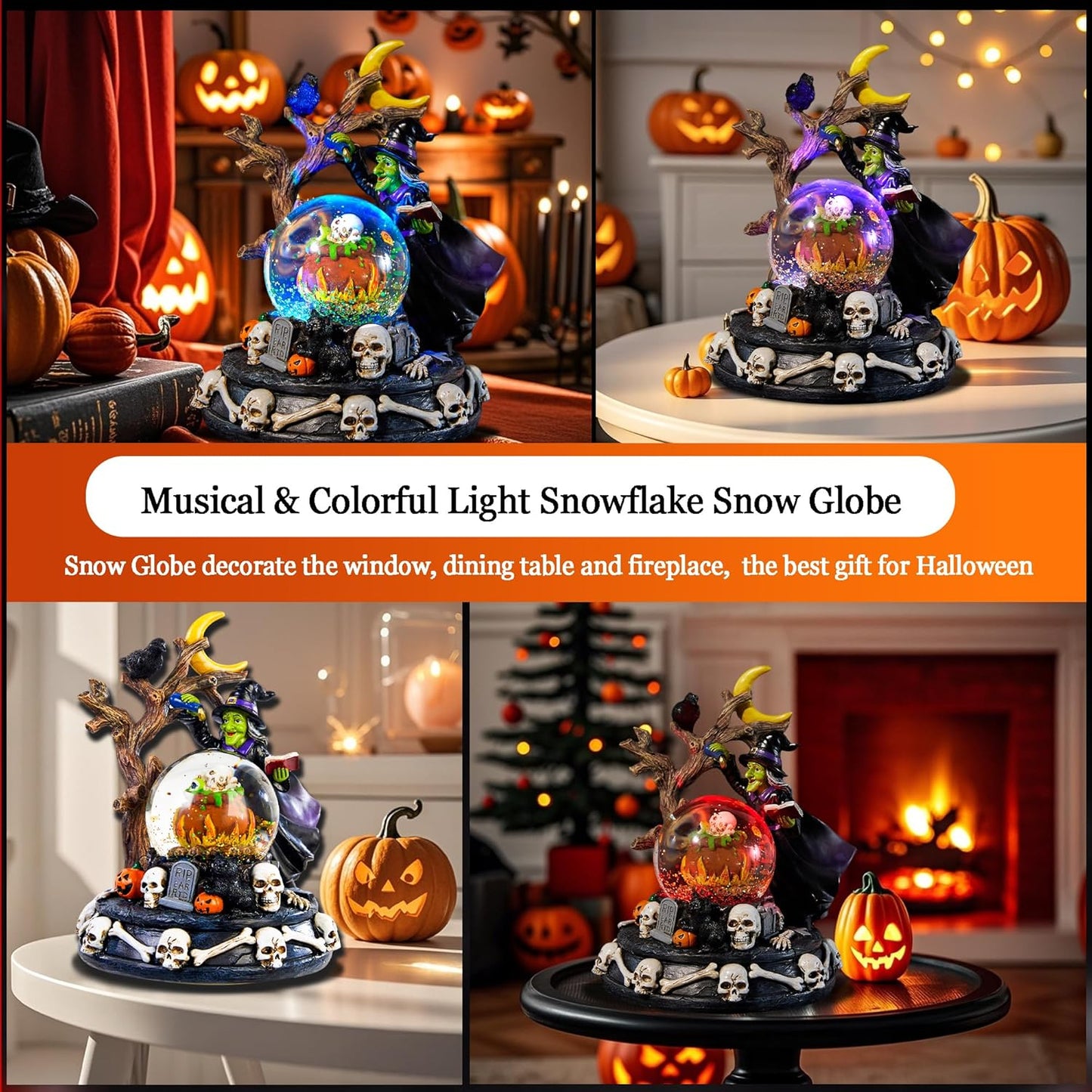 Halloween Snow Globe Lantern with Music - Lighted Witches, Ravens, Pumpkins & Black Cat Glitter Lantern, Witch Black Cat Halloween Decorations Indoor for Spooky Party Home Dรฉcor