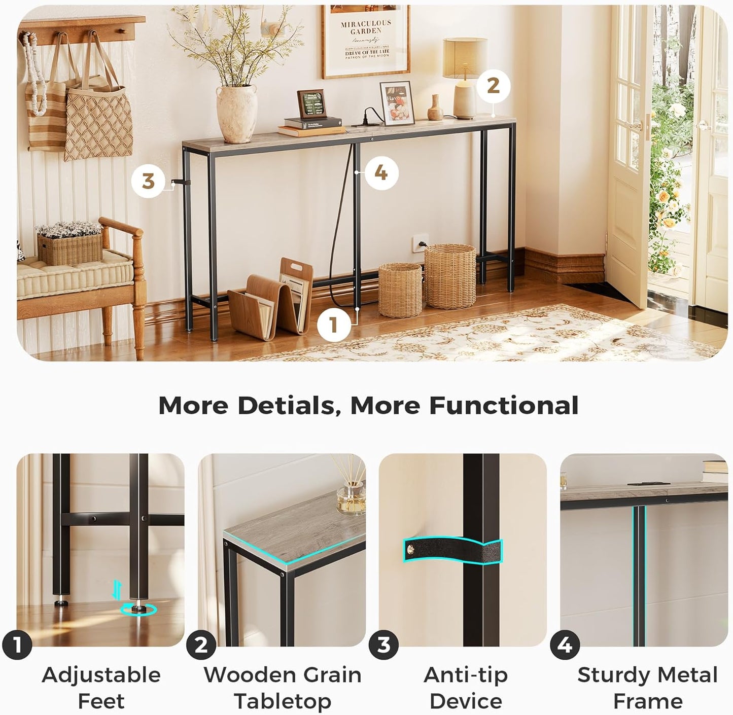 SUPERJARE Console Table with Outlet, 63 Inch Sofa Table with Charging Station, Narrow Hallway Entryway Table, Behind Couch Table, for Living Room, Oak