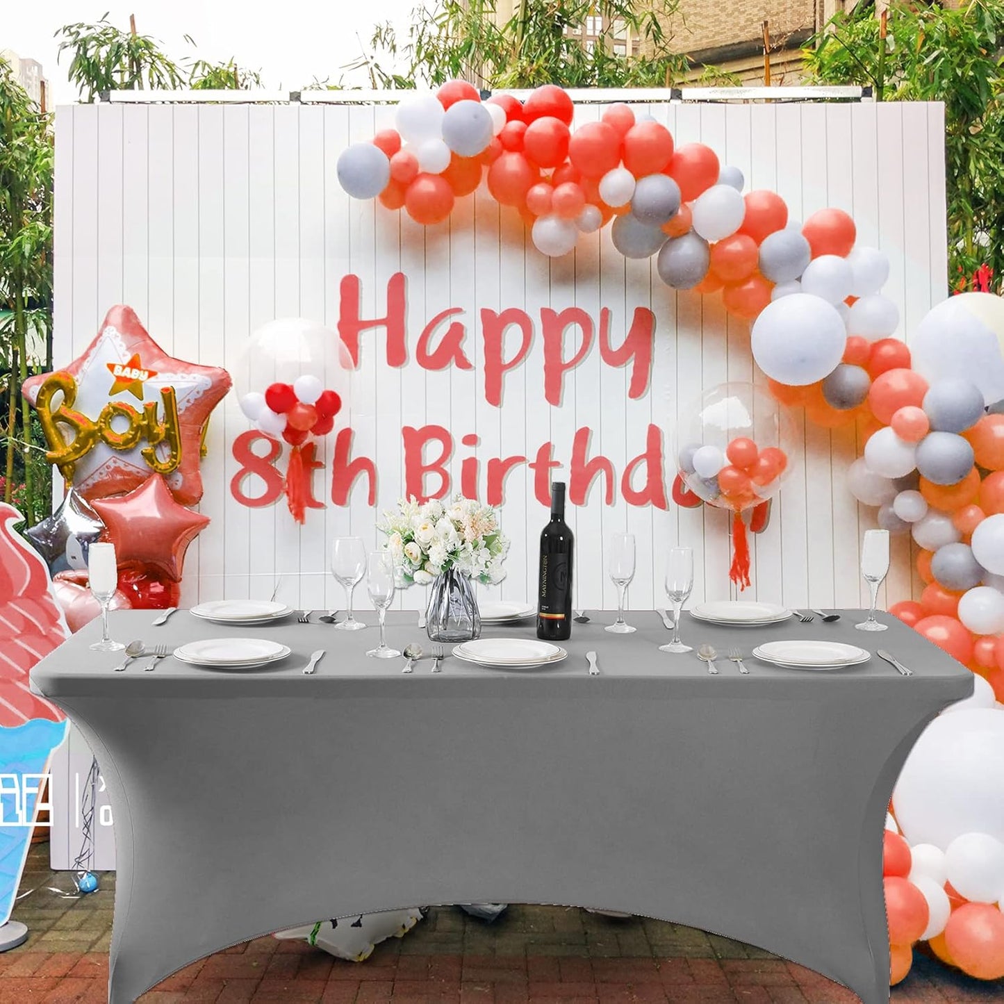 SuperO Waterproof Spandex Table Cover for 8FT Table Universal Fitted Stretch Tablecloth for Party, Banquet, Wedding and Events-Gray