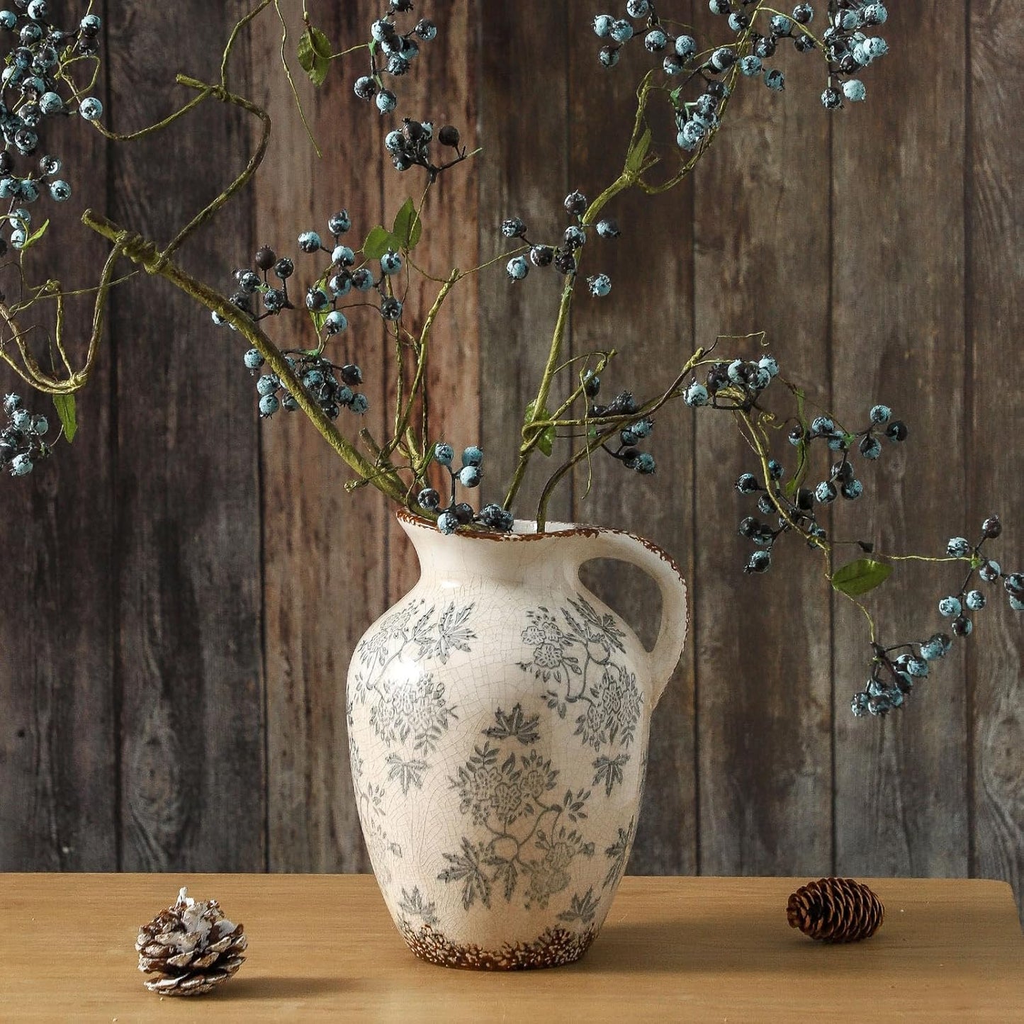 Enra Vintage vase with Handle,Blue and White Ceramic Decorative Flower vase, Chinoiserie Floral Vase,Large Rustic Vases for Home Decors, Living Room, Bookshelf, Office,9.7 inch