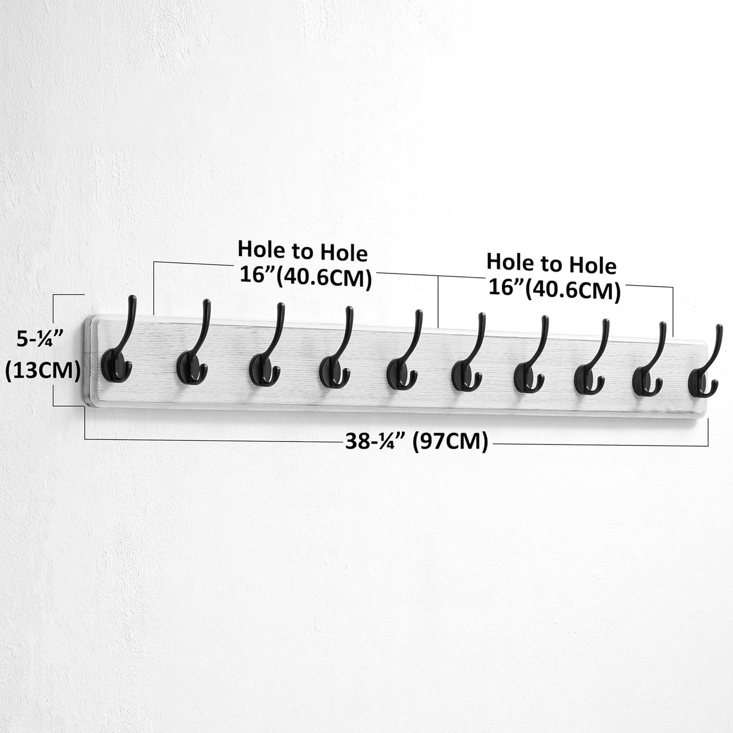 Dseap Coat Rack Wall Mount: 38-1/4" Long, Patented, Heavy-Duty, 10-Double-Hooks Wooden Hanger Rail for Winter Coats Hat Jacket Clothing, White & Black