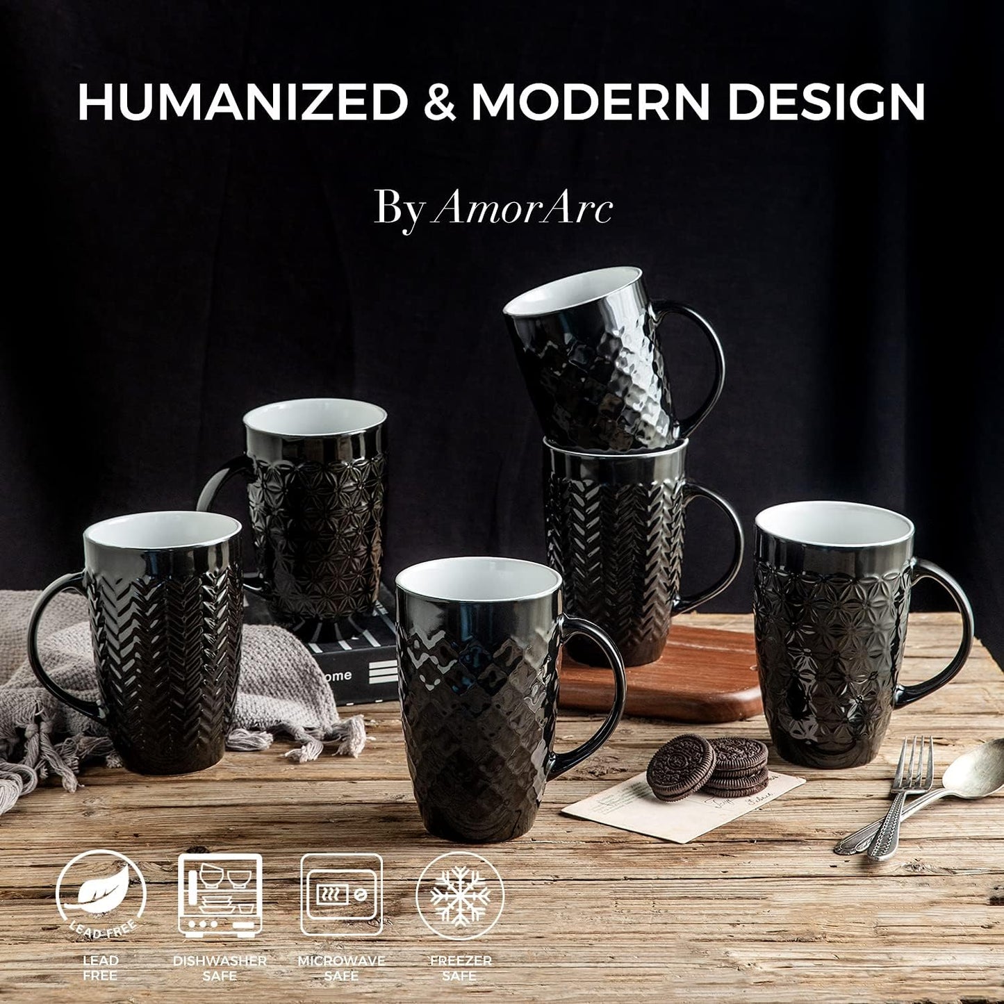 AmorArc Large Coffee Mugs Set of 6, 20oz Ceramic Tall Coffee Mugs Set with Textured Geometric Patterns for Latte/Tea/Beer/Hot Cocoa, Dishwasher & Microwave Safe, Black