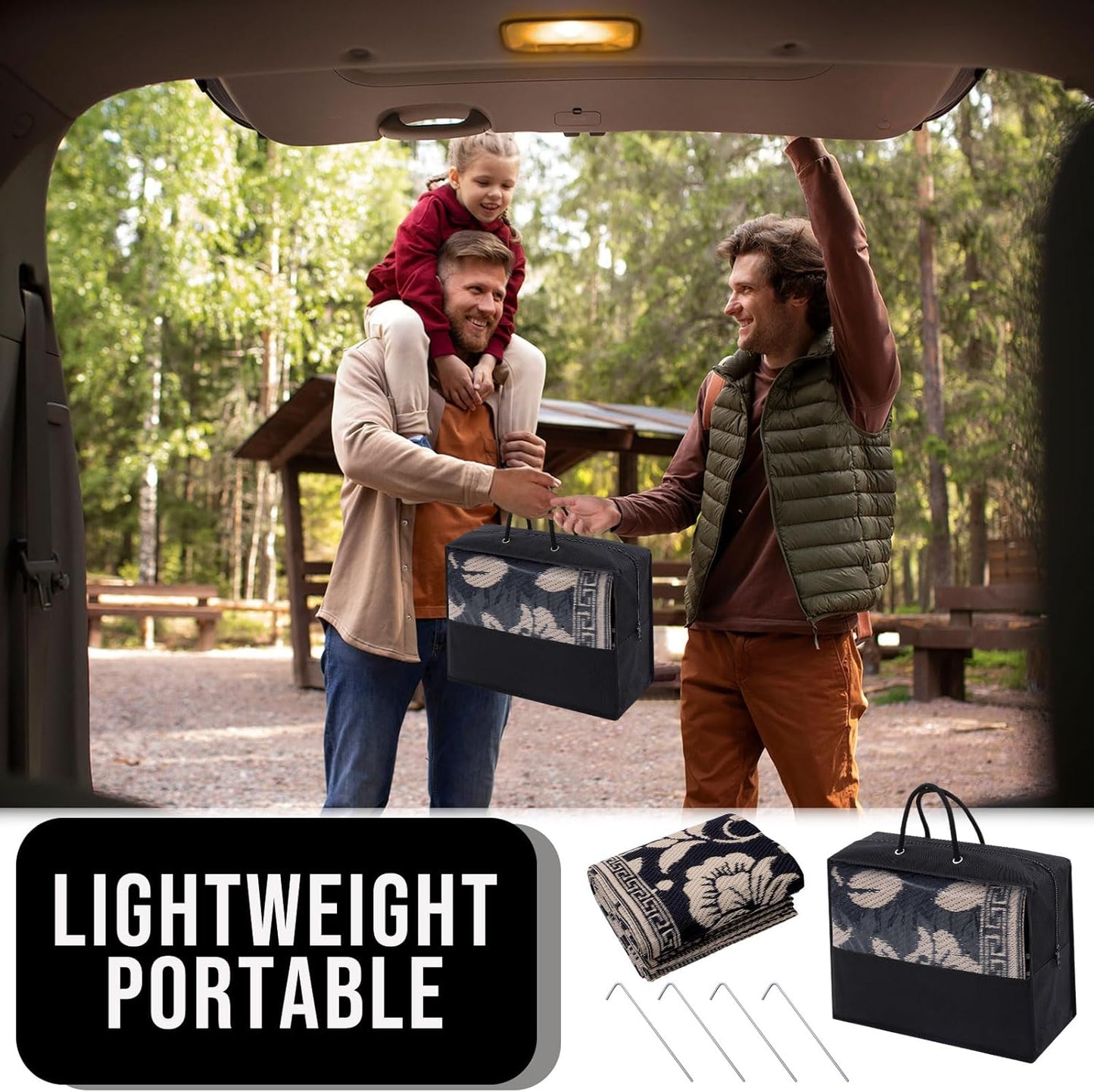 OLANLY Waterproof Outdoor Rug 6x9 ft, Outdoor Plastic Straw Rug with Flower Pattern, Reversible RV Mat for Patio, Camping, Balcony, Deck, Backyard, Black & Beige