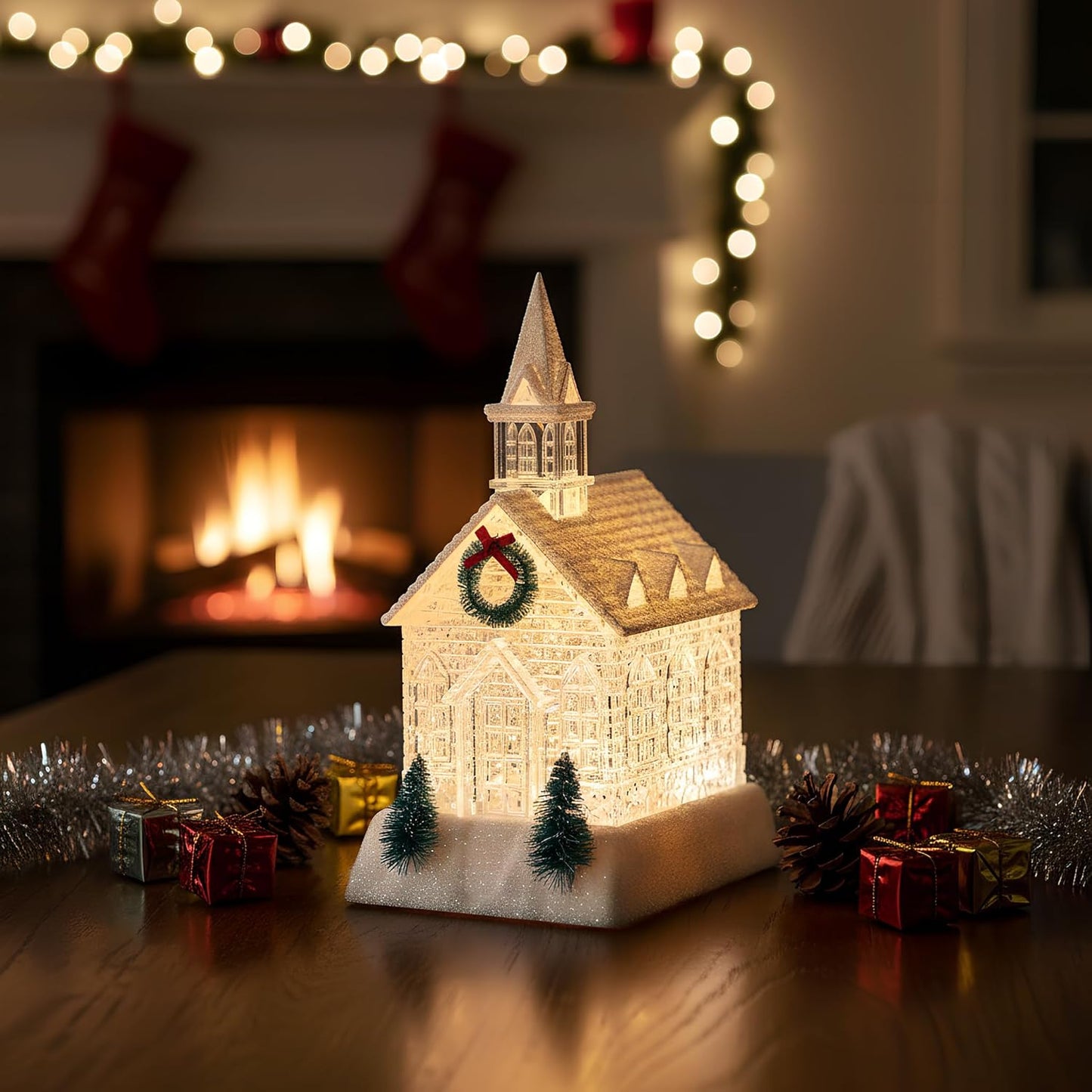 Christmas Lighted Church Water Lantern Snow Globe with Evergreens and Wreath, USB Lined/Battery Operated Lighted Lantern for Christmas Festival Decoration Gifts