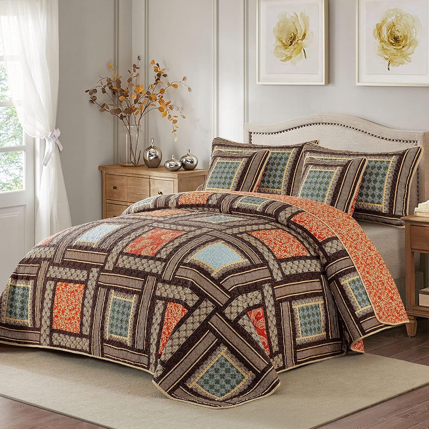 NEWLAKE Cotton Patchwork Bedspread, 3-Piece Bedding Quilt Set with Real Stitched Embroidery, Reversible Matelasse Bed Coverlet Set,Bohemian Farmhouse,Twin Size