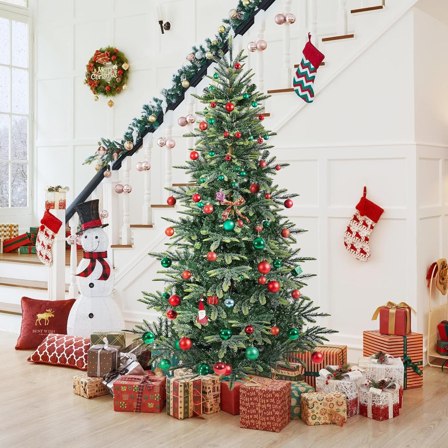 Yaheetech 7.5ft Pre-lit Aspen Fir Artificial Christmas Tree with 550 Incandescent Warm Lights Full Prelighted Xmas Tree w/1128 Branch Tips & Foldable Stand for Home Holiday Decor, Green