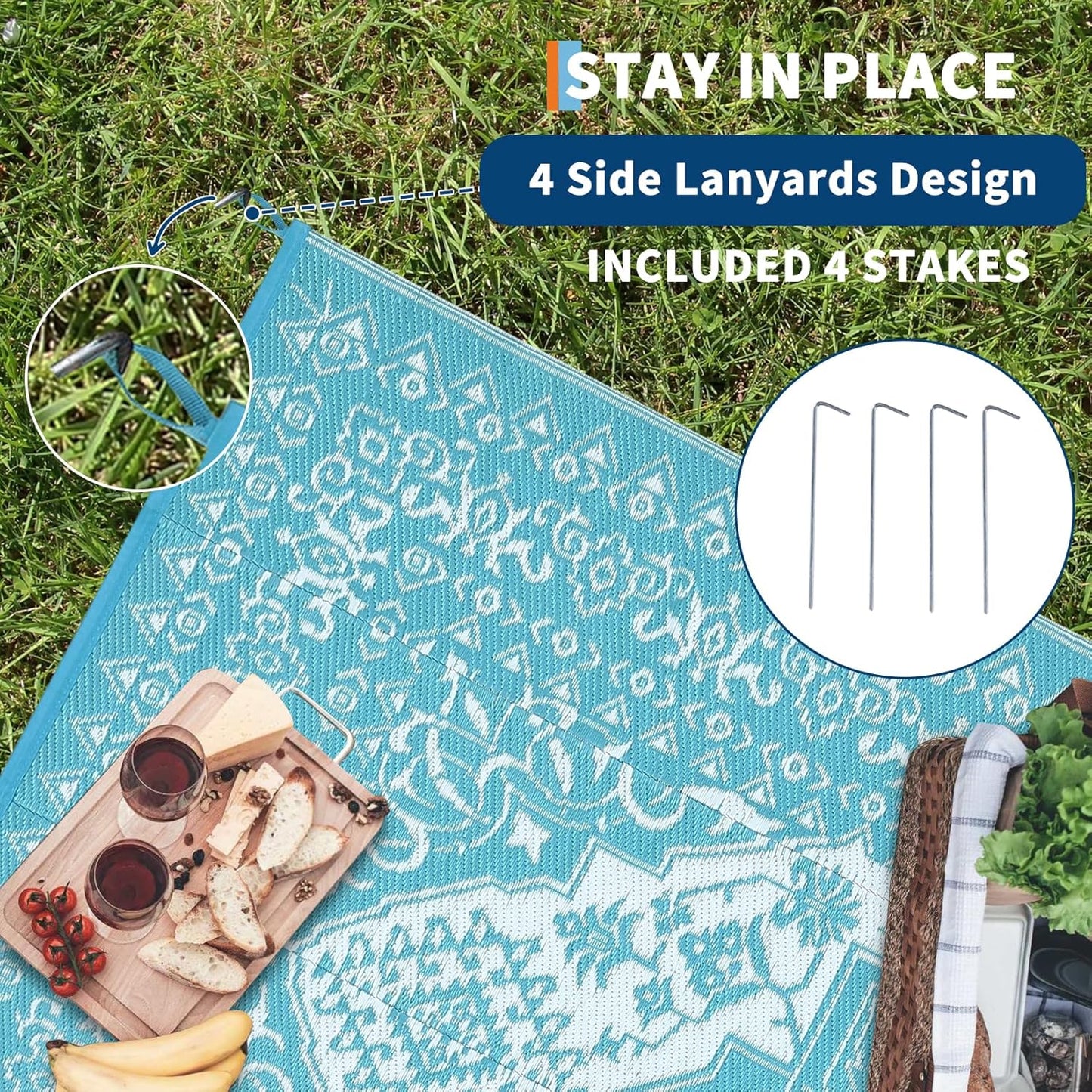 GAOMON Outdoor Rug Waterproof 9x12 Patio Rugs Reversible Plastic Straw Rug, Large UV-Resistant Portable RV Camping Mats, Indoor Outdoor Medallion Carpet for Deck Porch Garden, Light Blue & White