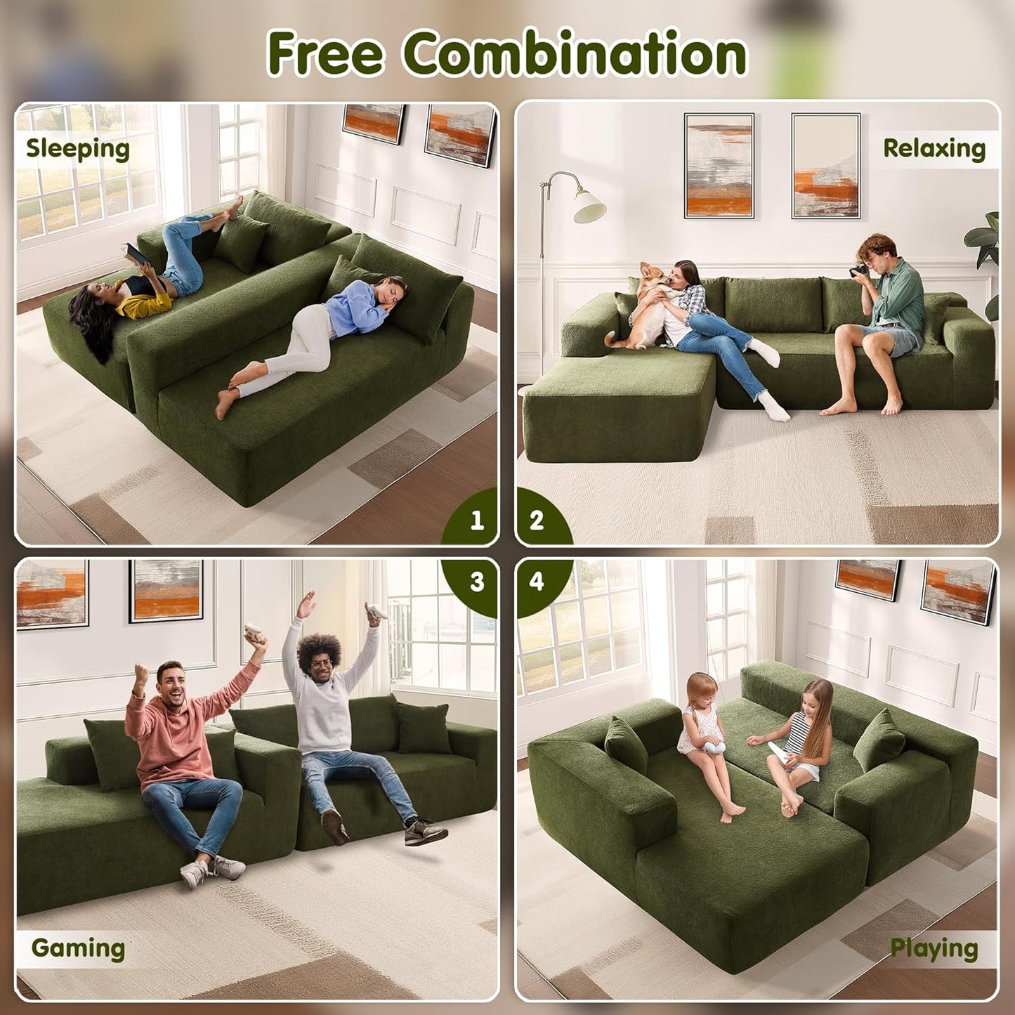 ovios 104" Cloud Sectional Couch with L-Shape Chaise,Modern Modular Sofa with Deep Seat, Upholstered Couches for Living Room Bedroom,No Assembly Required, Green (Cloud Velvet)