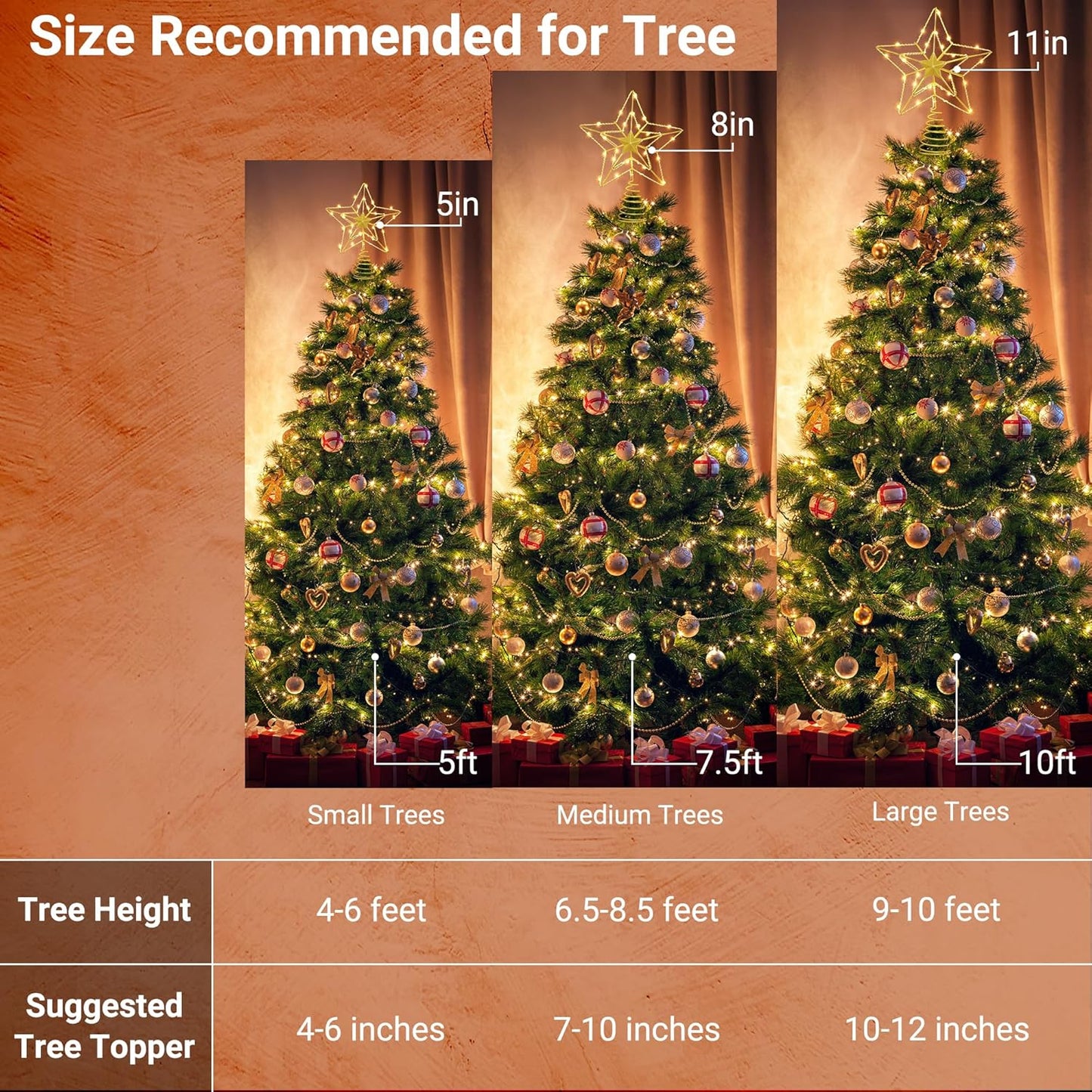 ODEERTONIC Gold Star Tree Topper, 8in Triple Layer Hollow-Out Star Tree Topper, 10 LED Warm White Christmas Tree Topper, Treetop Battery Chirstmas Tree-Top Lights for Xmas Tree Home Holiday