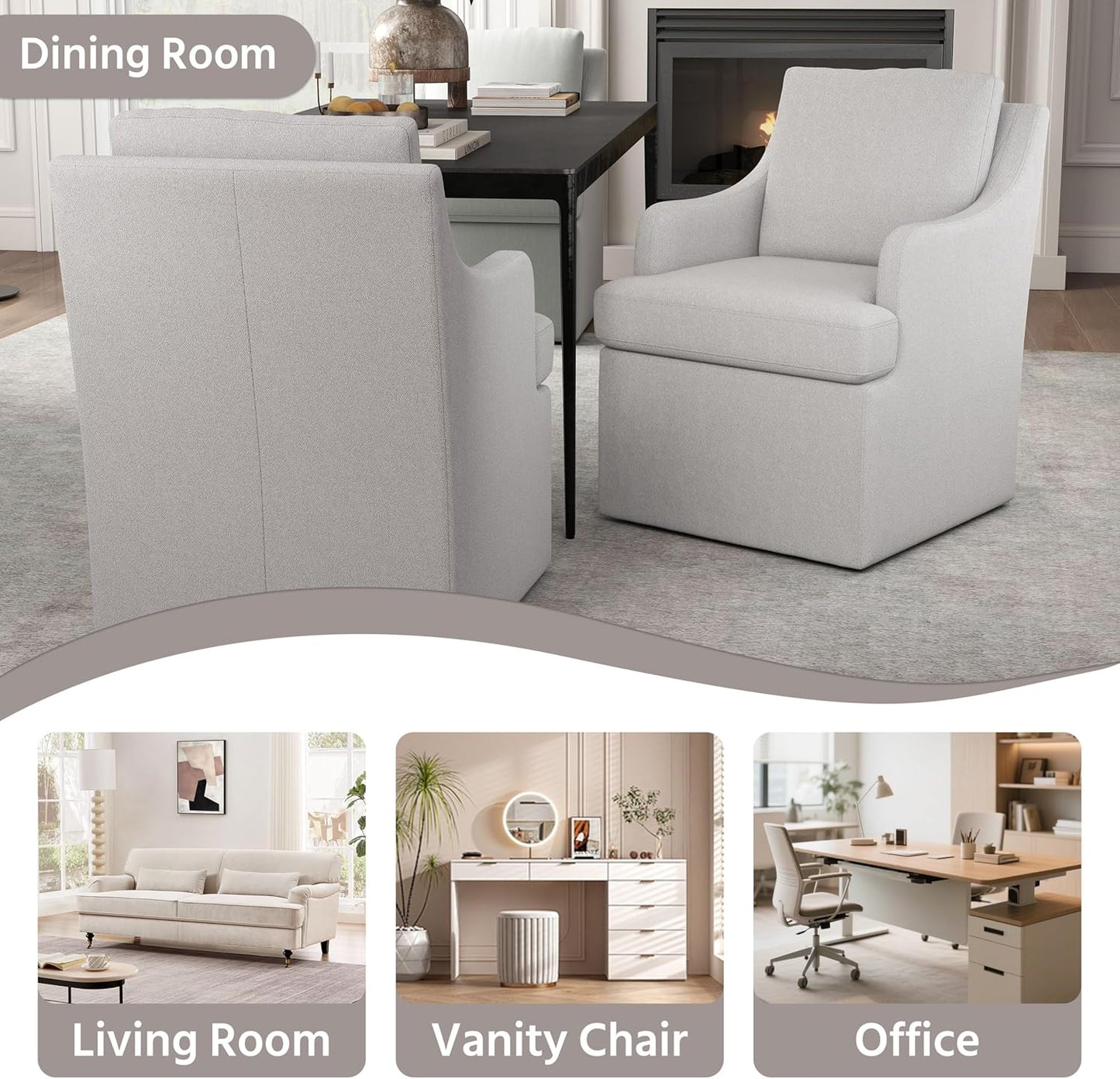 VKNOW Upholstered Dining Chairs Set of 4, Modern Kitchen Chairs Dinner Chairs with 4 Casters, Linen Armchair for Bedroom Reading Room Living Room, Light Grey