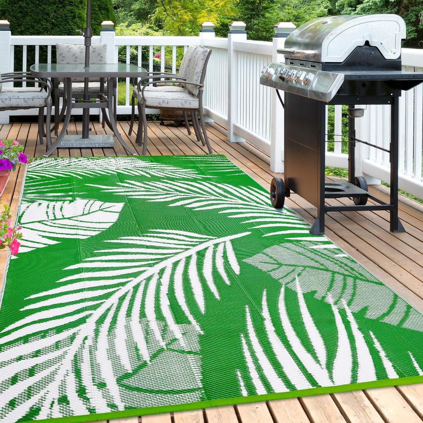 Waterproof Outdoor Rug 8x10ft, Green Leaf Reversible Plastic Straw Mat for Patio RV Deck Porch Backyard Balcony Camping Picnic Beach Indoor Outdoor Carpet, Green&White