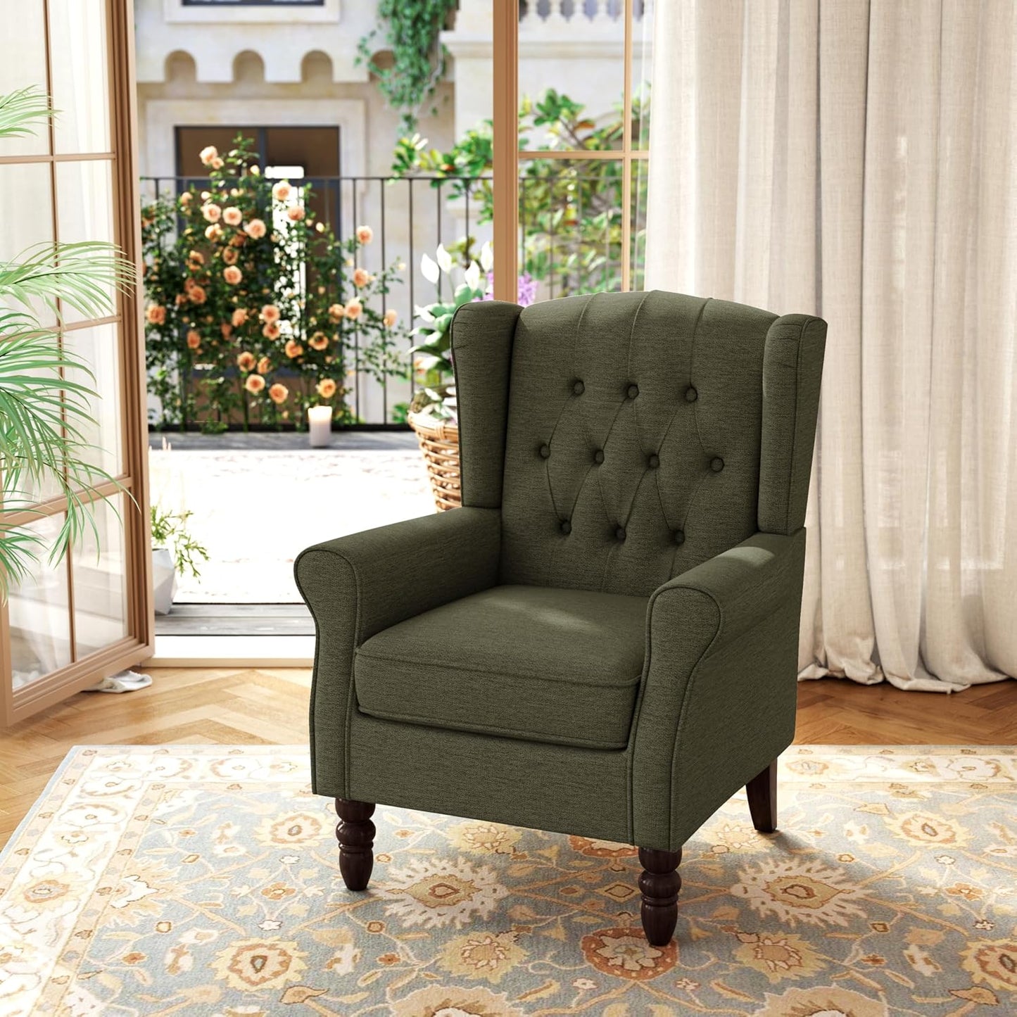 Accent Chair, Upholstered Armchair with Button Tufted High Back & Solid Wood Legs, Comfy Wingback Reading Single Sofa Chair for Small Spaces, Living Room, Bedroom (Green, Set of 2)