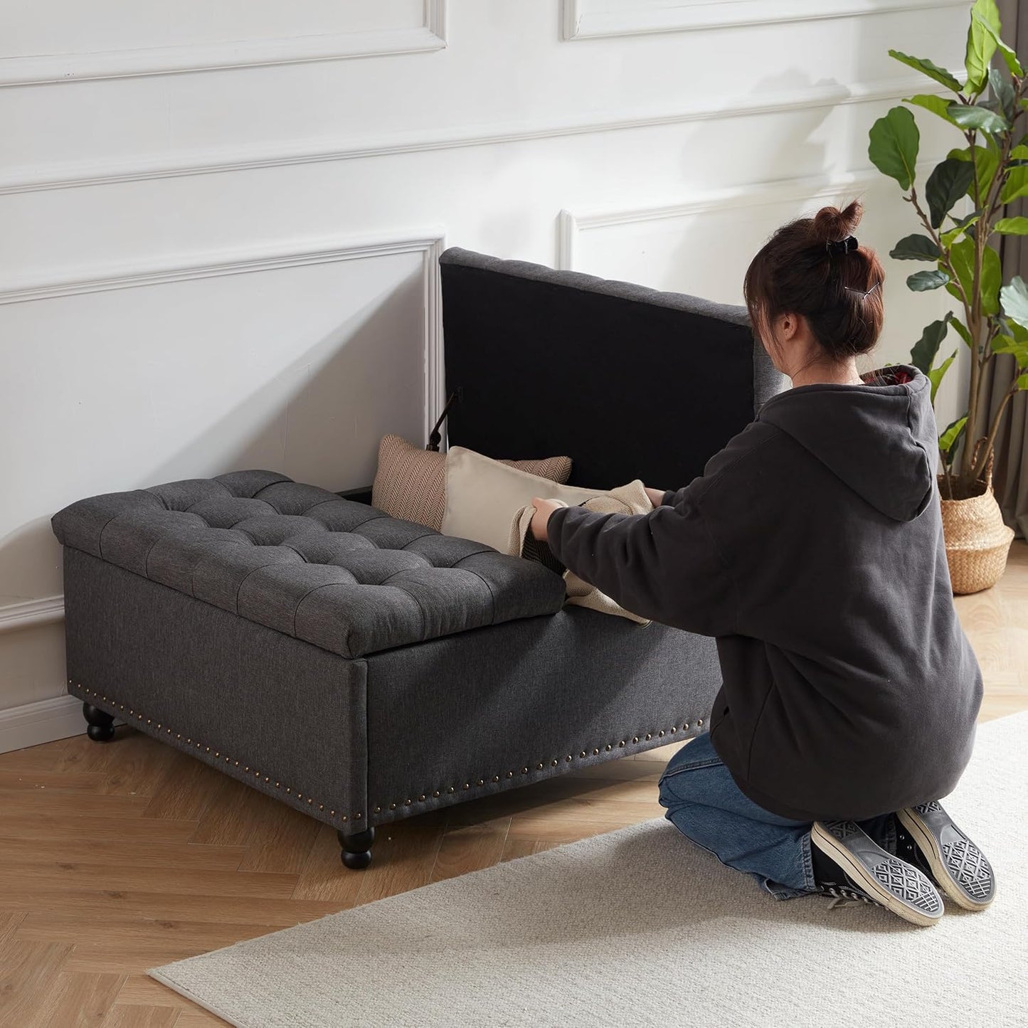 Tbfit Large Square Storage Ottoman Bench, Tufted Upholstered Coffee Table Ottoman with Lift Top & Wooden Legs, Oversized Storage Ottomans Toy Box for Living Room (Dark Grey)