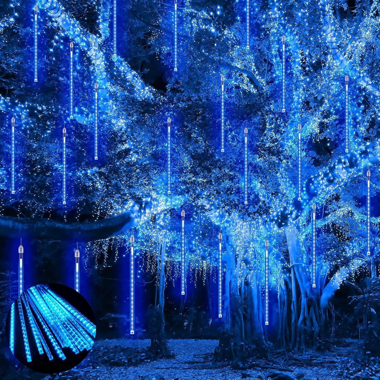 PEMOTech Christmas Lights Outdoor,24 Tubes 30cm 576 Led Meteor Shower Lights, Waterproof Christmas Decorations Icicle Light for Xmas Tree Halloween Party, Outdoor Christmas Decorations,Ul Plug,Blue