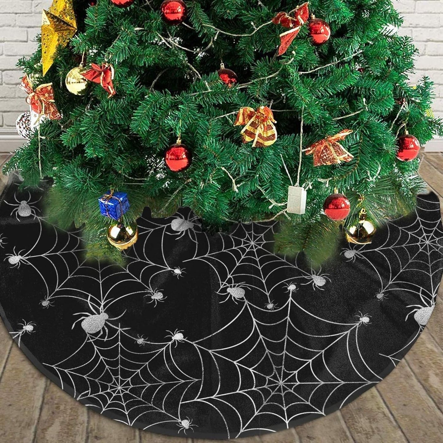 Christmas Tree Skirt,Sliver Spider Web Xmas Tree Skirt Rustic Farmhouse Tree Skirt for Christmas Decor Xmas Holiday Home Party Decorations36