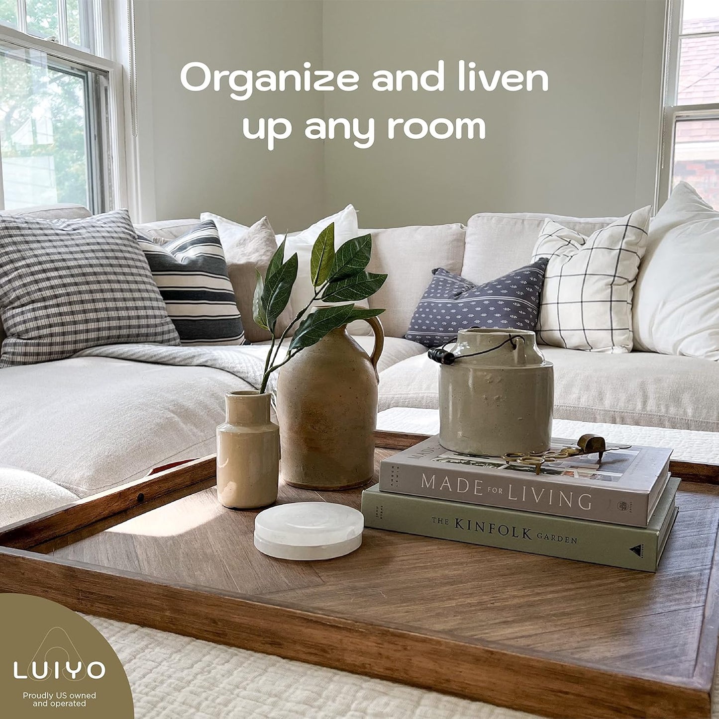 LUIYO Large Ottoman Wood Tray- with Leather Handle Decorative Wooden 24 x 24 x1.5 Inches Square Serving Tray Best for Coffee Table, Living Room and Kitchen (Large 24 * 24)