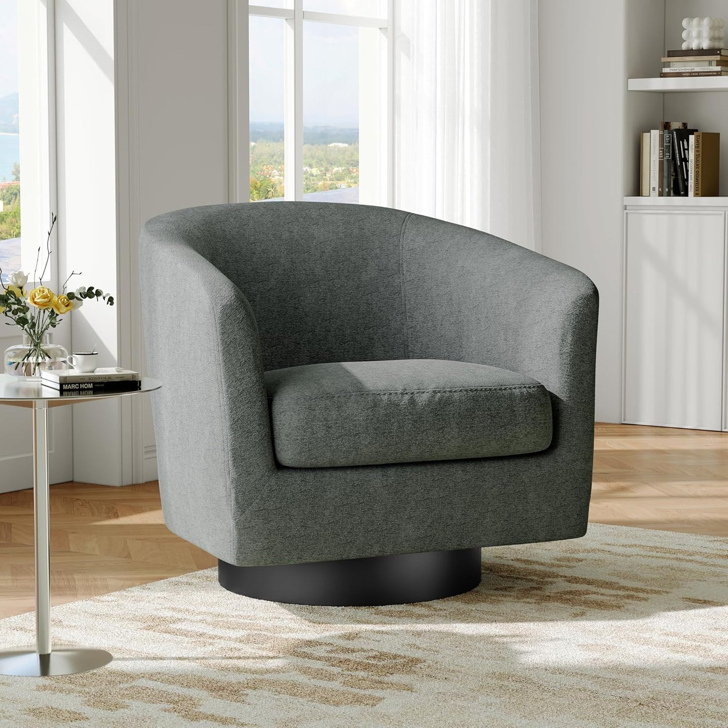 Swivel Barrel Accent Chair, Modern Round Chenille Fabric Arm Chair for Living Room, Bedroom, Comfy Club Reading Chairs for Adults(Chenille Fabric, Grey, Set of 2