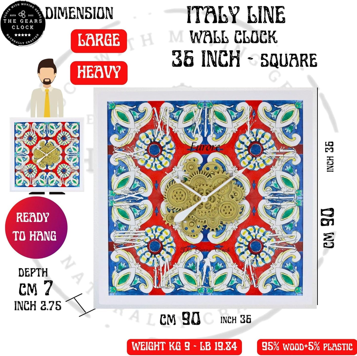 The Gears Clock Wall Clock Italy Collection with Moving Gears (Sorrento, 36 inch Square)