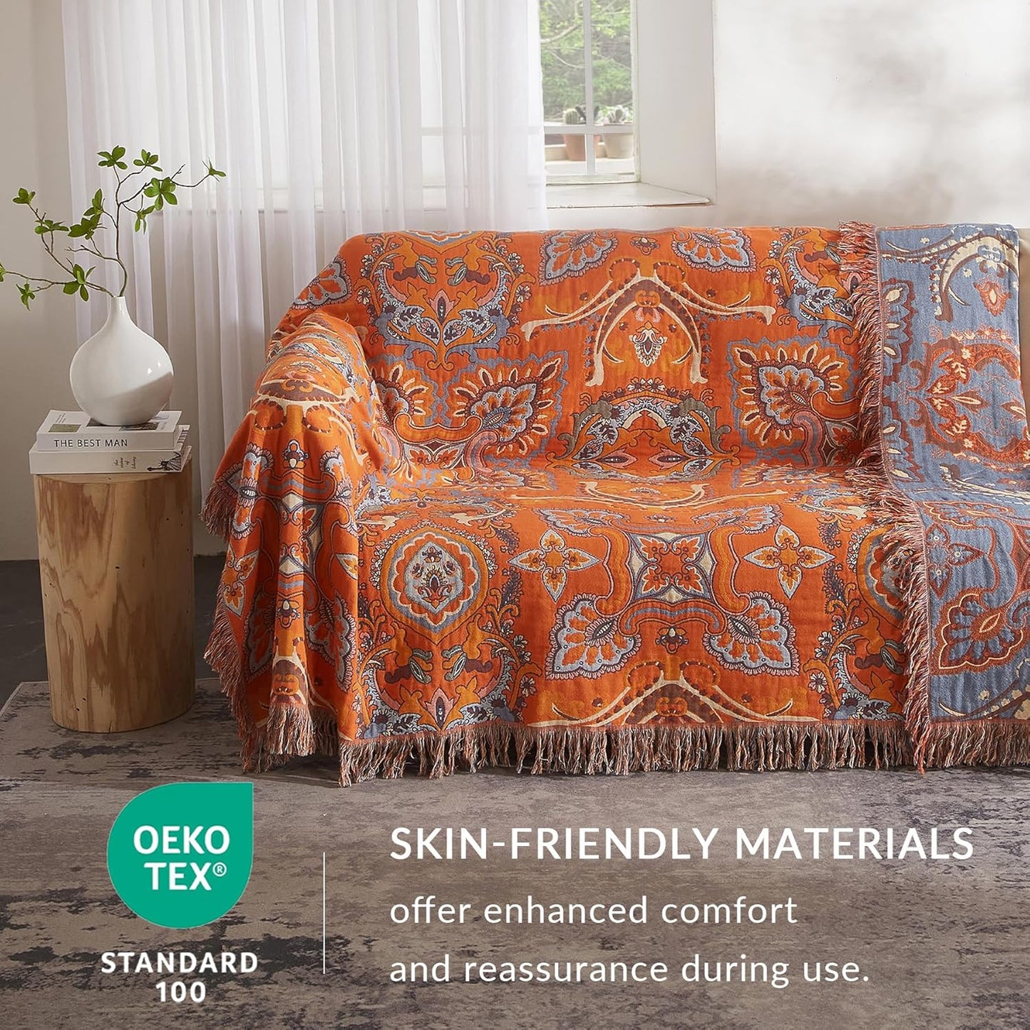 Boho Throw Blanket for Couch Sofa Bed, 100% Cotton Woven Quilt with Tassel 60”x80”, Super Soft Muslin Blanket with Oriental Universe Printed, Decorative Reversible Bed Blanket/Cover for All Seasons