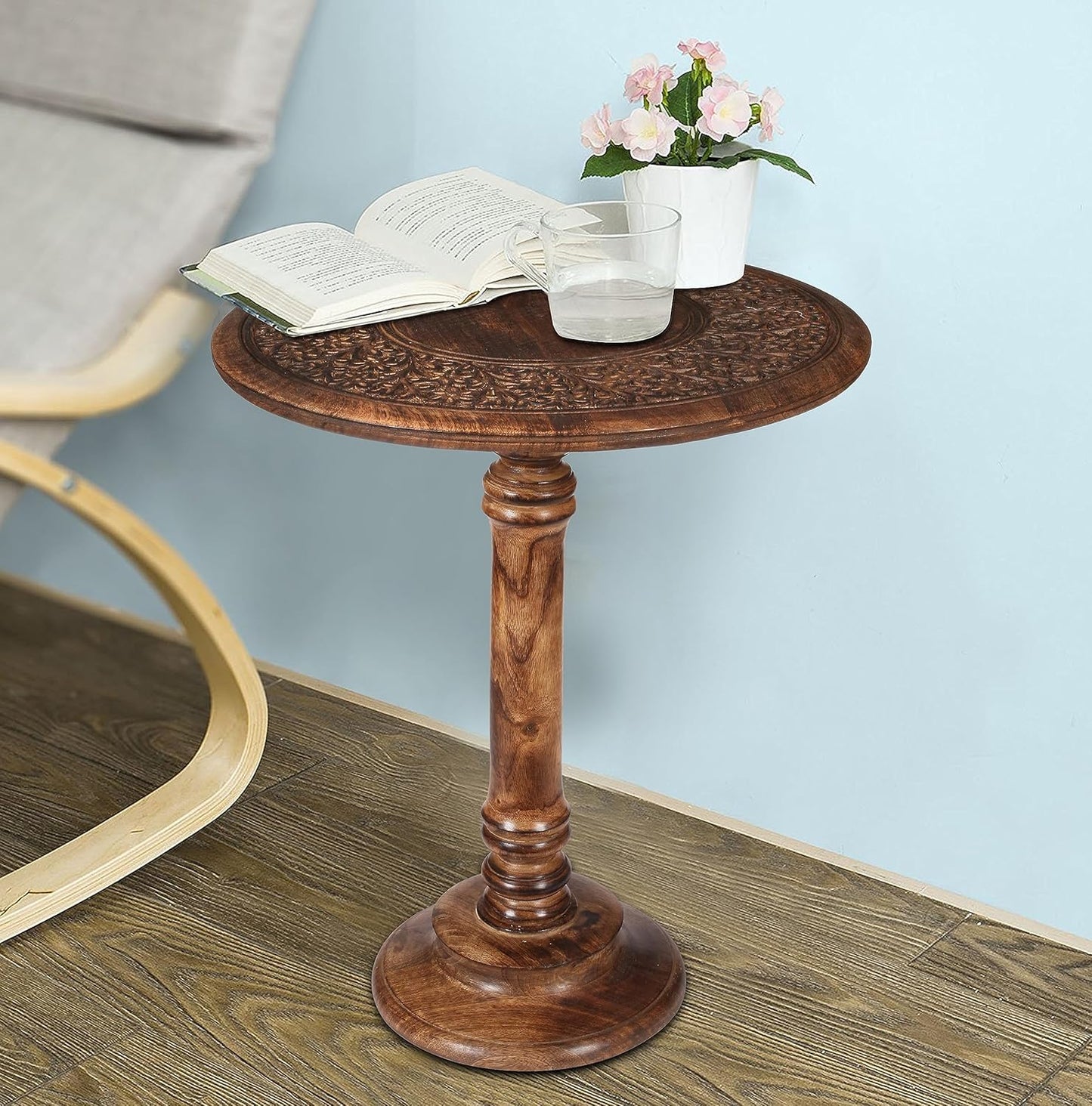 Lightnpro Hand Carved Solid Mango Wood Round Pillar Accent Table - 18" × 22" Rustic Farmhouse Side End Table | VintageRustic Boho Nightstand for Living Room, Bedroom & Entryway