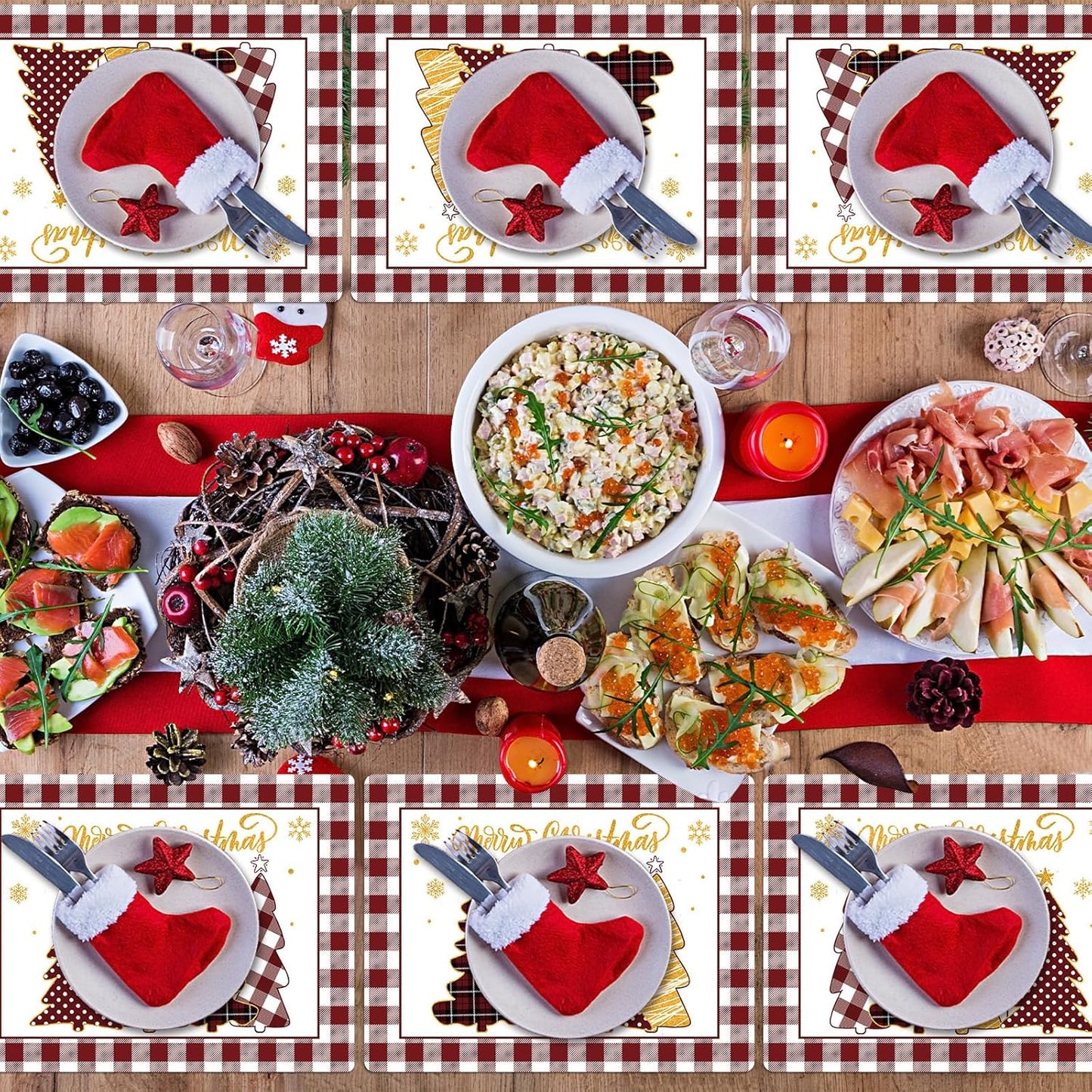 Winter Christmas Placemats Set of 6 Merry Christmas Watercolor Buffalo Plaid Plastic Table Mats Red Gold Xmas Trees Place Mat Holiday Table Decoration for Indoor Outdoor Party Kitchen Dining